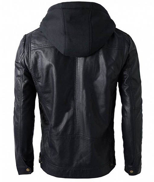 Men’s Biker Style Black Faux Leather Jacket with Hoodie