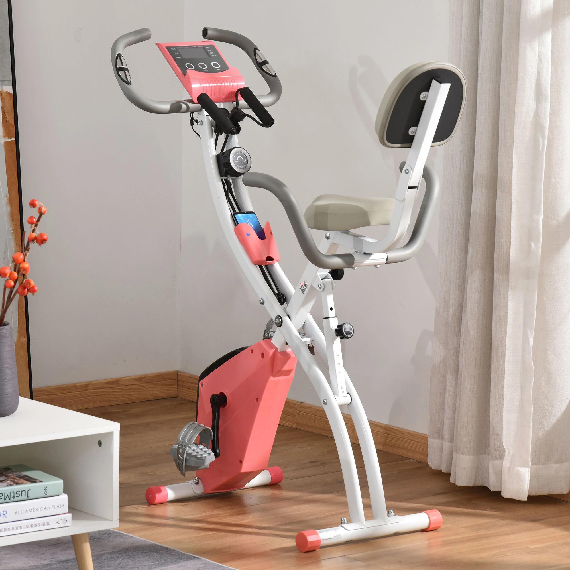 hometrainer 2-in-1 fietstrainer LCD display inklapbare hometrainer hometrainer met 8 niveaus instelbare magnetische weerstand en 1 paar spankoorden staal roze + wit 97 x 51 x 115 cm