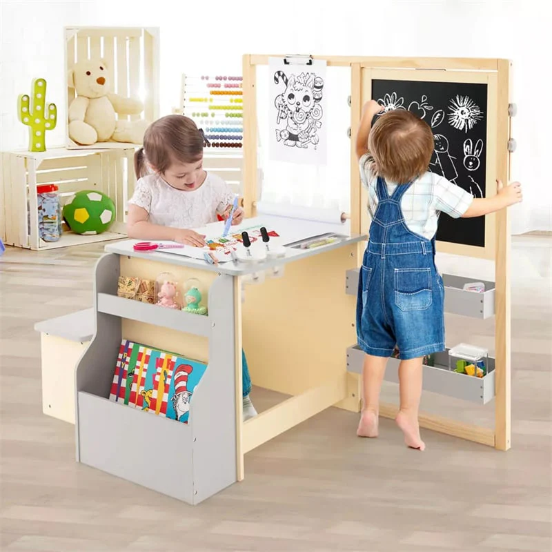 Kids Wooden Art Center Easel with Adjustable Double-Sided Blackboard & Whiteboard, Paper Roll, Toddler Art Table & Chair Set with Storage