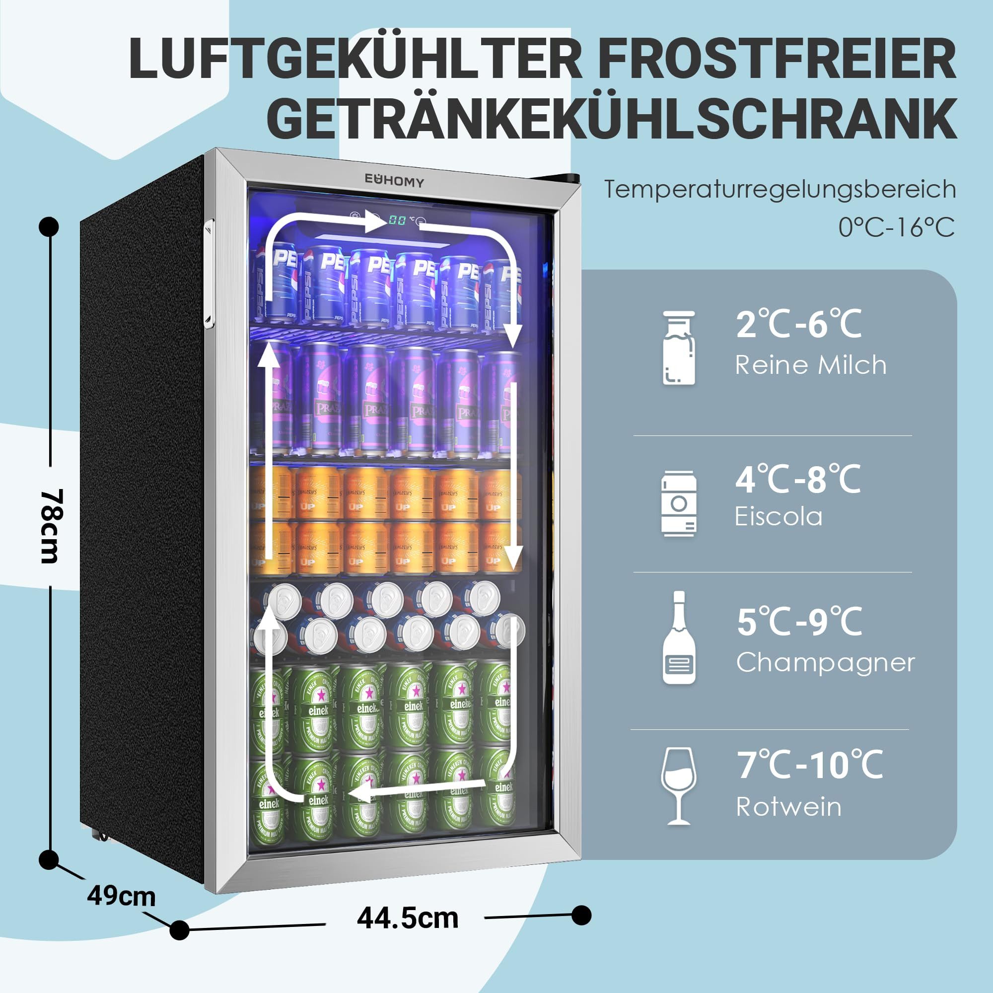 Getränkekühlschrank 90L Mini-Kühlschrank für 126 Dosen mit verstellbaren Ablage Getränkekühlschrank