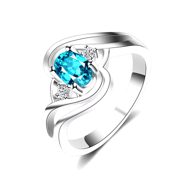 925 Sterling Silver with Aqua Blue Crystal Jewelry Ring