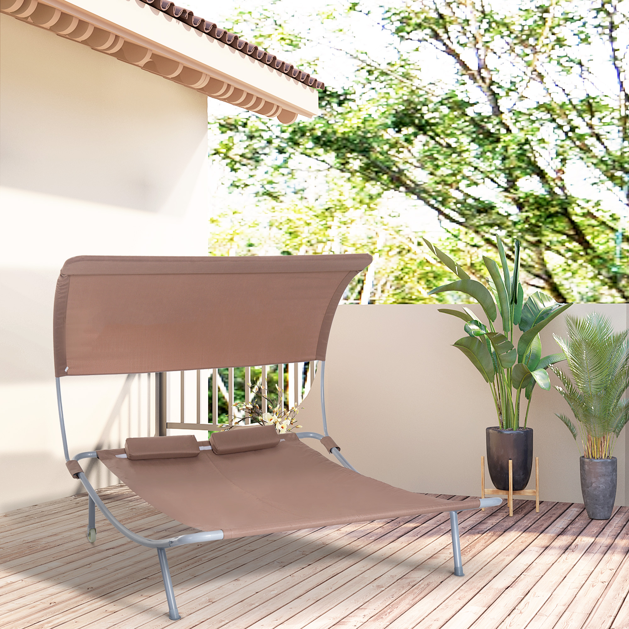 Outsunny® Doppelliege Sonnenliege mit Dach rollbar Stahl Braun