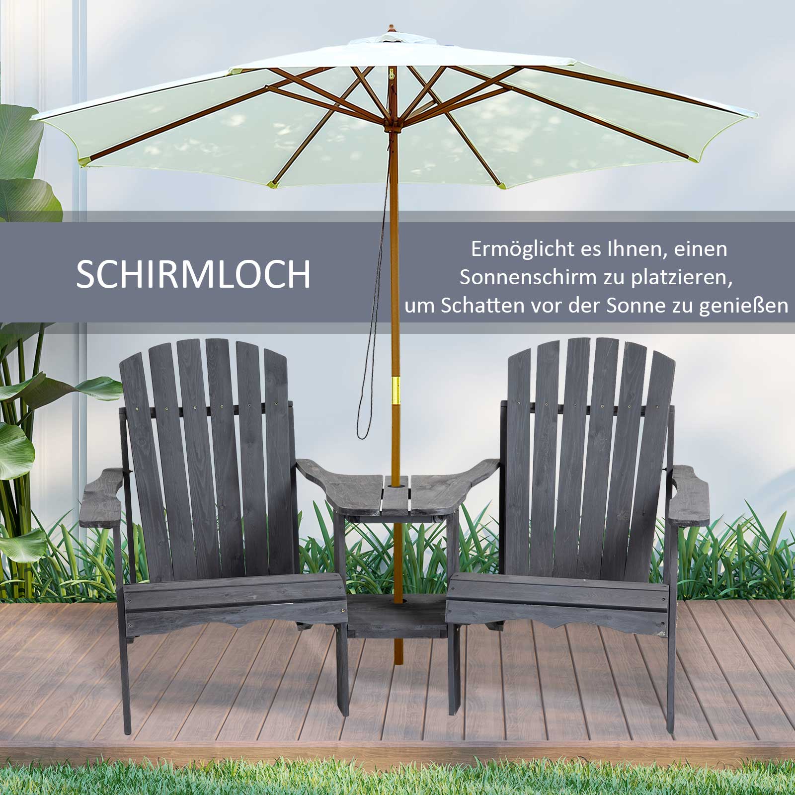 Adirondack tuinstoel met parasolgat tafel 2-zits massief hout grijs