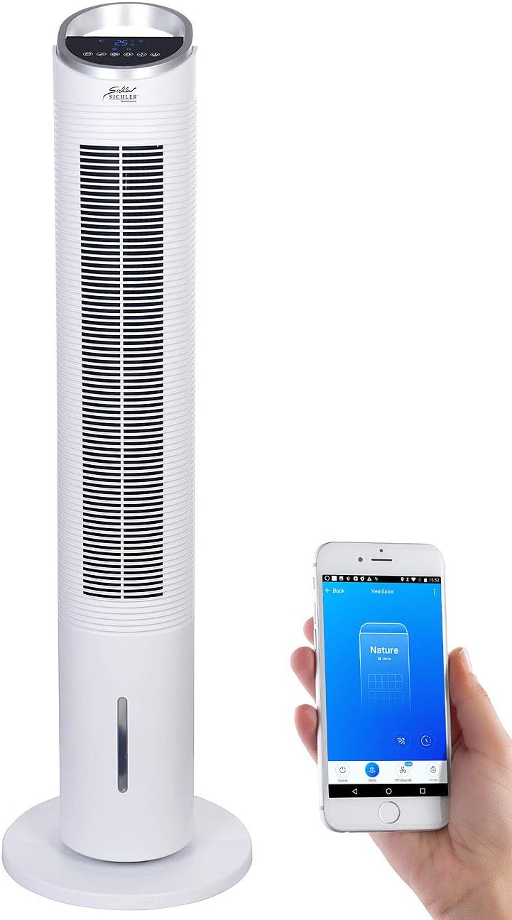 Sichler Haushaltsgeräte Turmluftkühler: 3in1-WLAN-Luftkühler mit App, für Siri, Alexa & Google Assistant, 60 W (Turmventilator mit Luftbefeuchter, Turmventilator mit Fernbedienung)