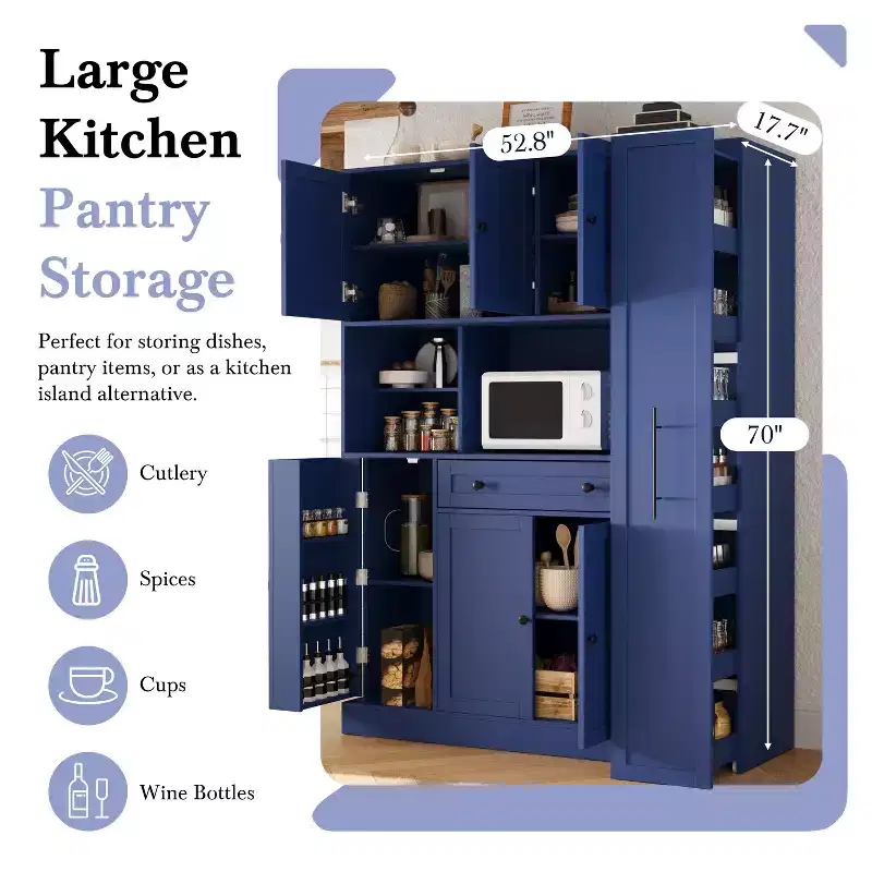 Kitchen Pantry Cabinet with Hutch and Pull-Out Side Cabinet