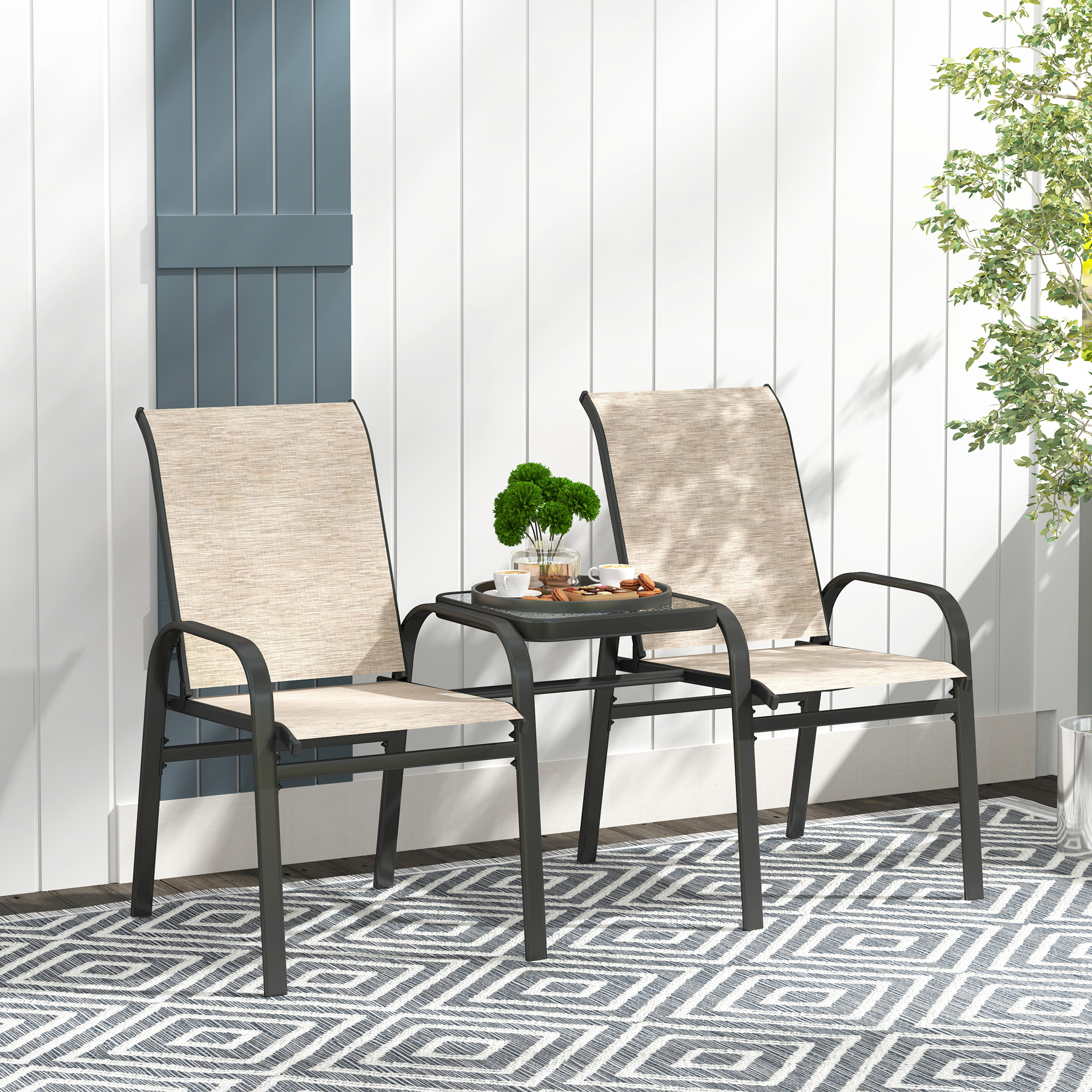 Outsunny Gartenbank für 2 Personen mit Armlehnen, hoher Rückenlehne und zentralem niedrigem Tisch aus Glas, Braun und Schwarz