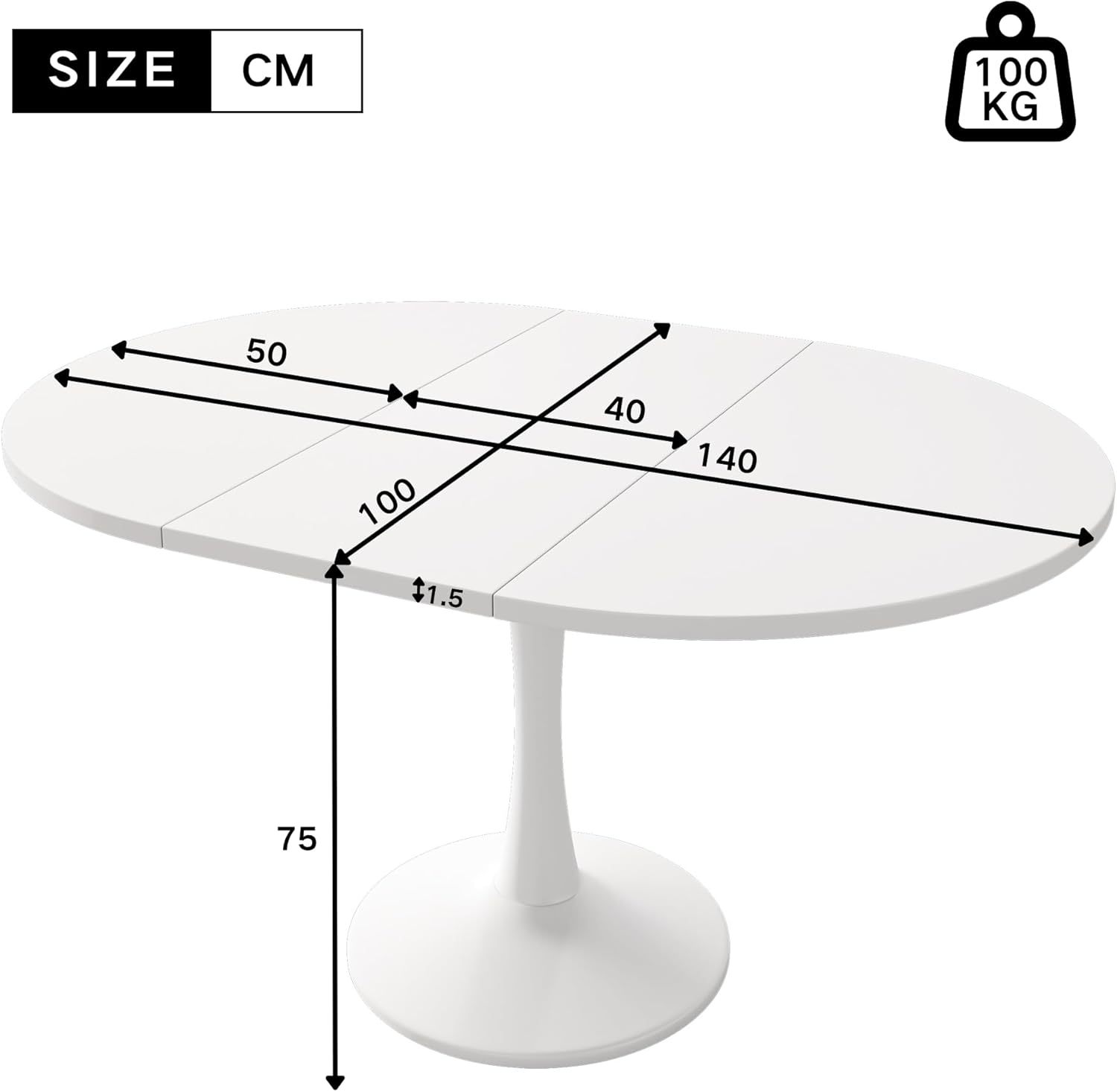 Tavolo rotondo allungabile bianco, 100-140 x 100 x 75 cm, Tavolo da pranzo rotondo allungabile per 2-6 persone, Tavoli rotondi per sala da pranzo, cucina