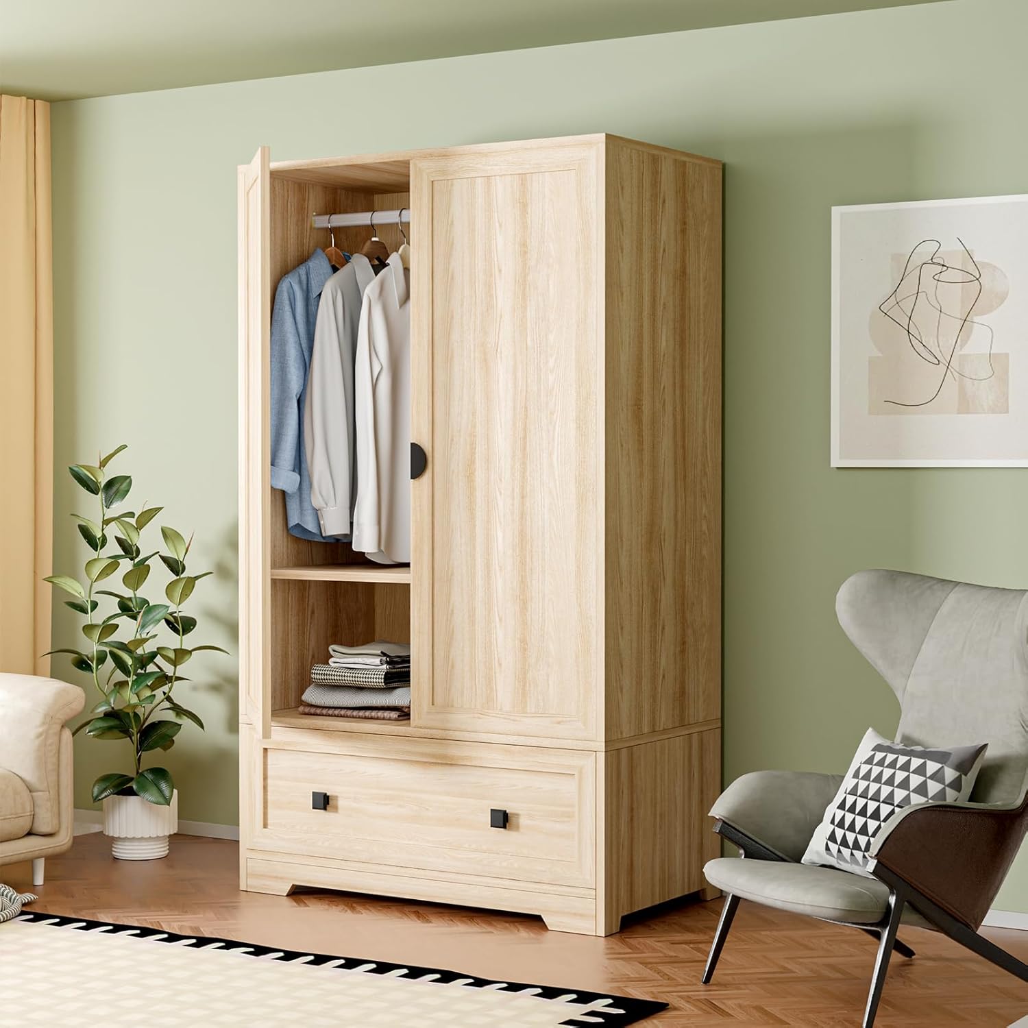 VINGLI Armoire Wardrobe Closet With Doors, Hanging Rod, Shelves and Drawer - Freestanding Cabinet for Bedroom, Dorm - Oak, 38