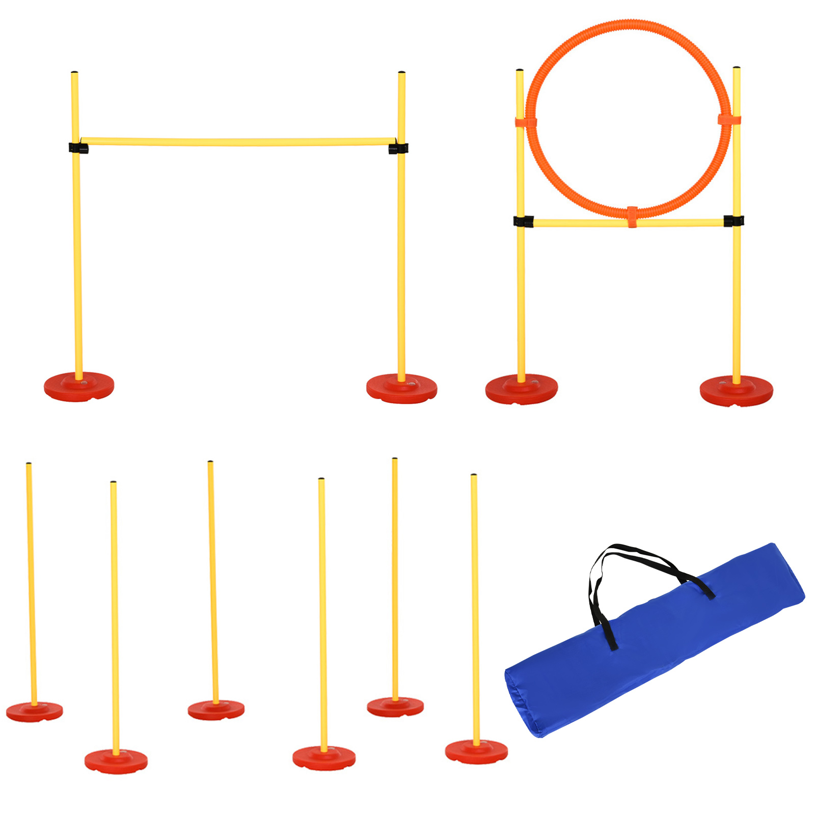 PawHut Agility Set Hunde 3-teiliges Agility-Ausrüstung für Hundetraining Steckhürdenset mit 6 Slalomstangen höhenverstellbar Hürden Sprungreifen Tragetasche Agilityset für Spiele Training