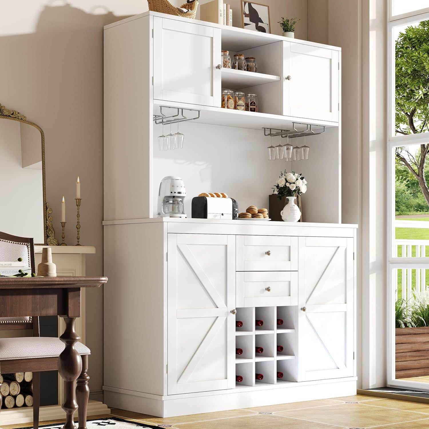 Armadietto da cucina a buffet con ripiani regolabili e scaffale per vino, armadietto alto da cucina a buffet con 4 ante e 2 cassetti, credenza, 120 x 40 x 188 cm, bianco