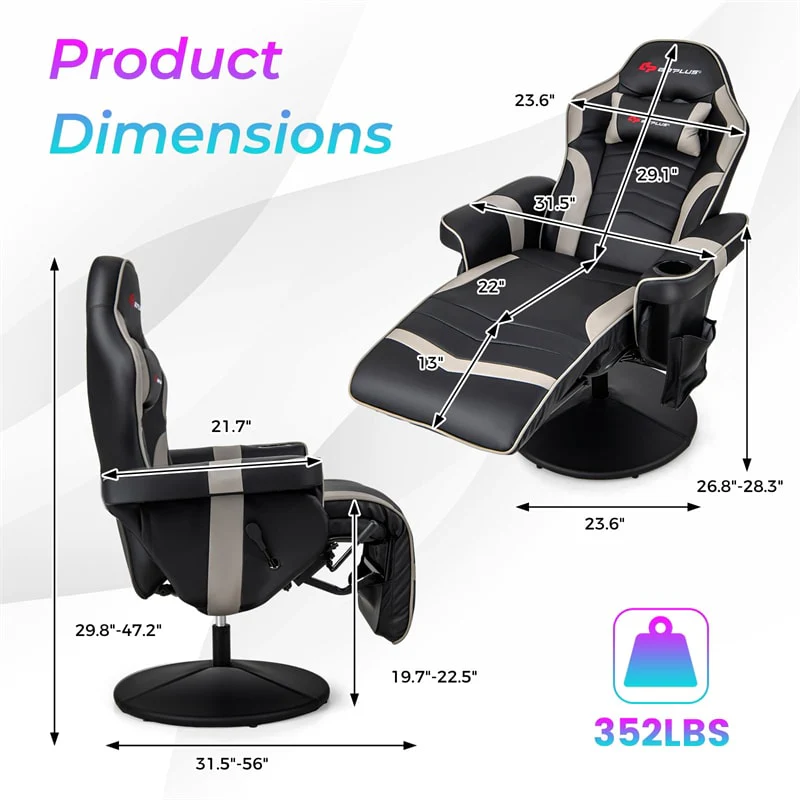 Ergonomic Gaming Recliner Chair with Massage, Retractable Footrest & Cup Holder, Height Adjustable Racing Style Swivel Video Game Chair