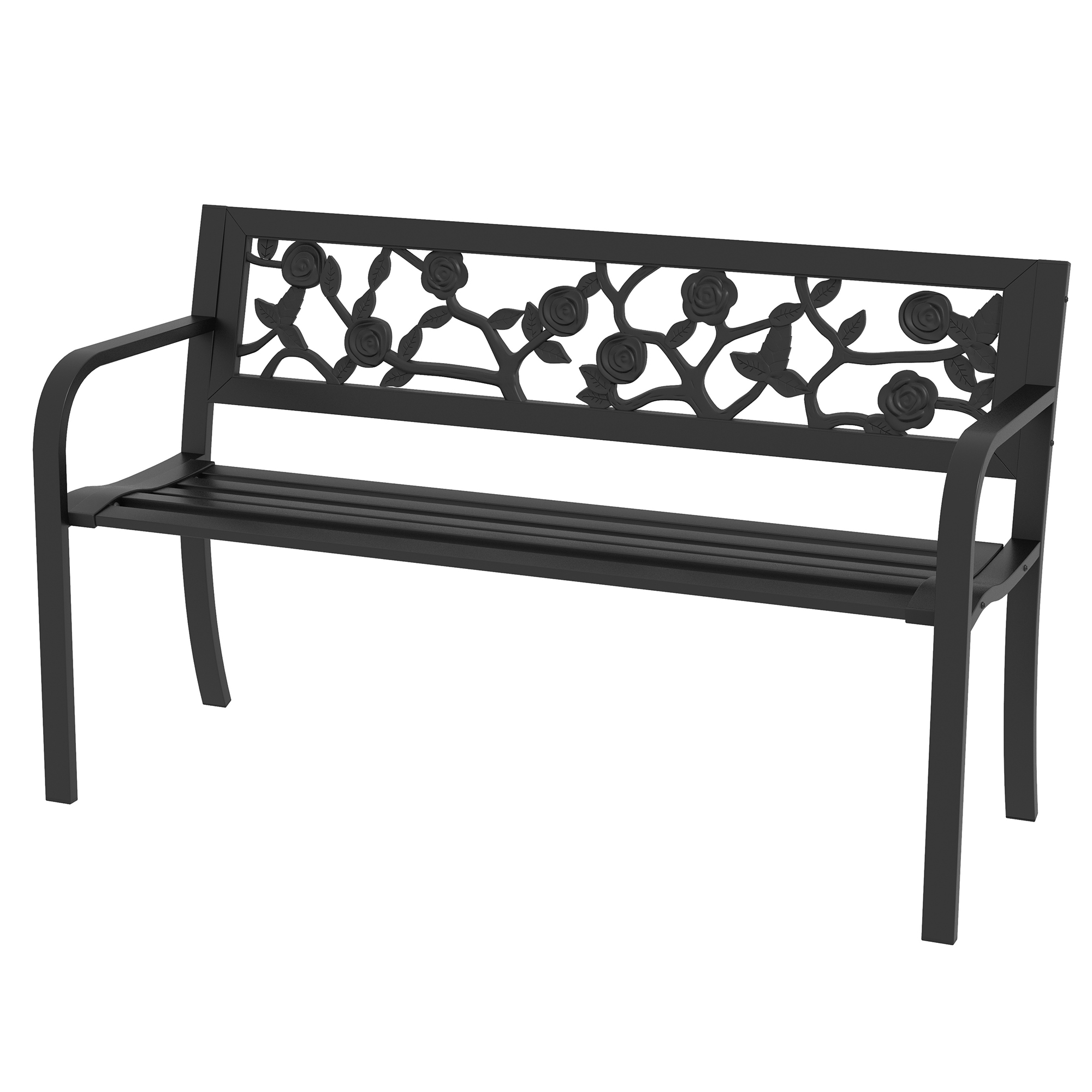 Outsunny Gartenbank 2-Sitzer aus Stahl mit verzierter Rückenlehne und Armlehnen, 127x50x75cm, Schwarz