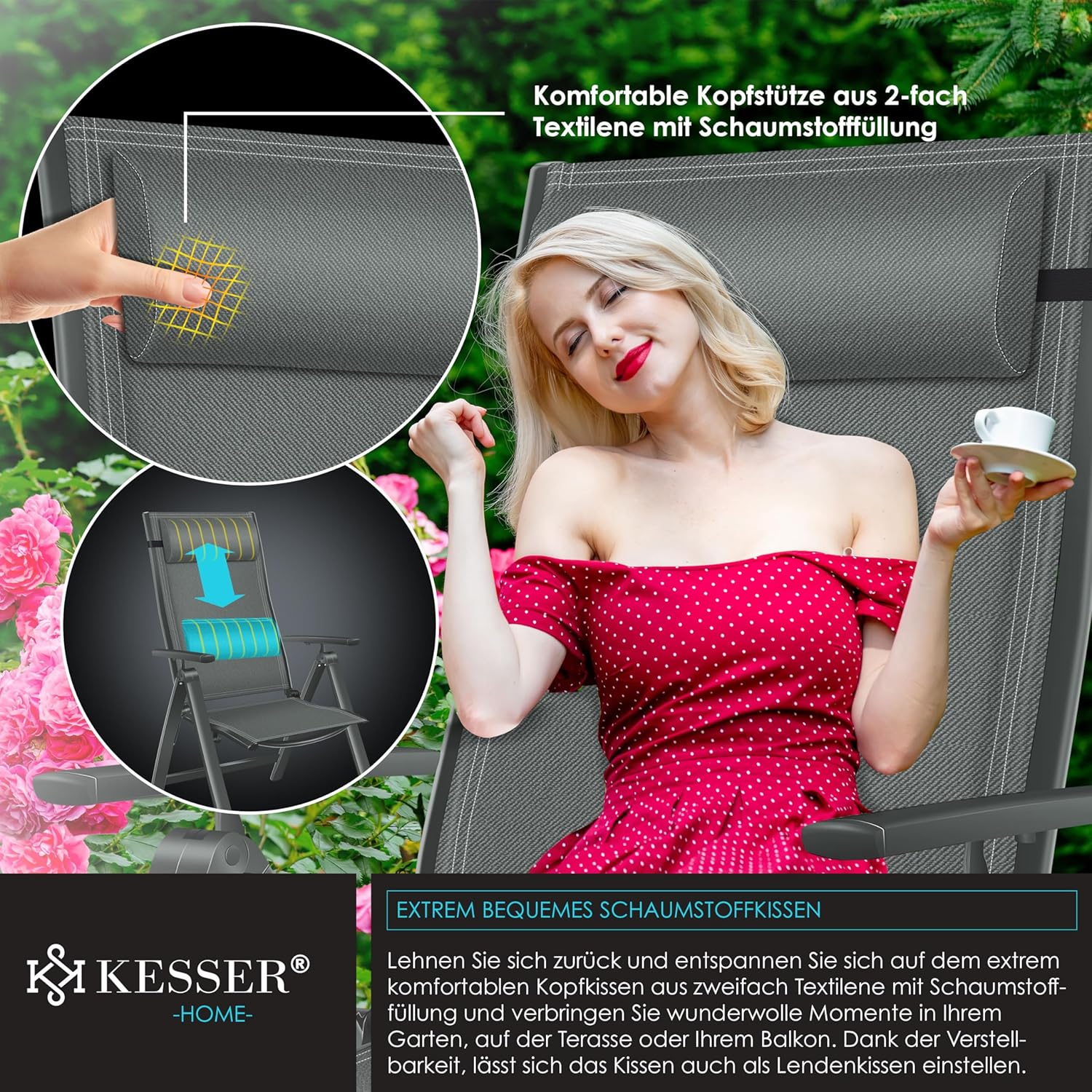 KESSER® Gartenstuhl Hochlehner mit Armlehnen 6er Set Aluminium Klappstuhl mit Kopfkissen & Abdeckung Campingstuhl 7-Fach Verstellbar Rückenlehne Atmungsaktiv Wetterfest Klappbar Anti-Rutsch, Anthrazit