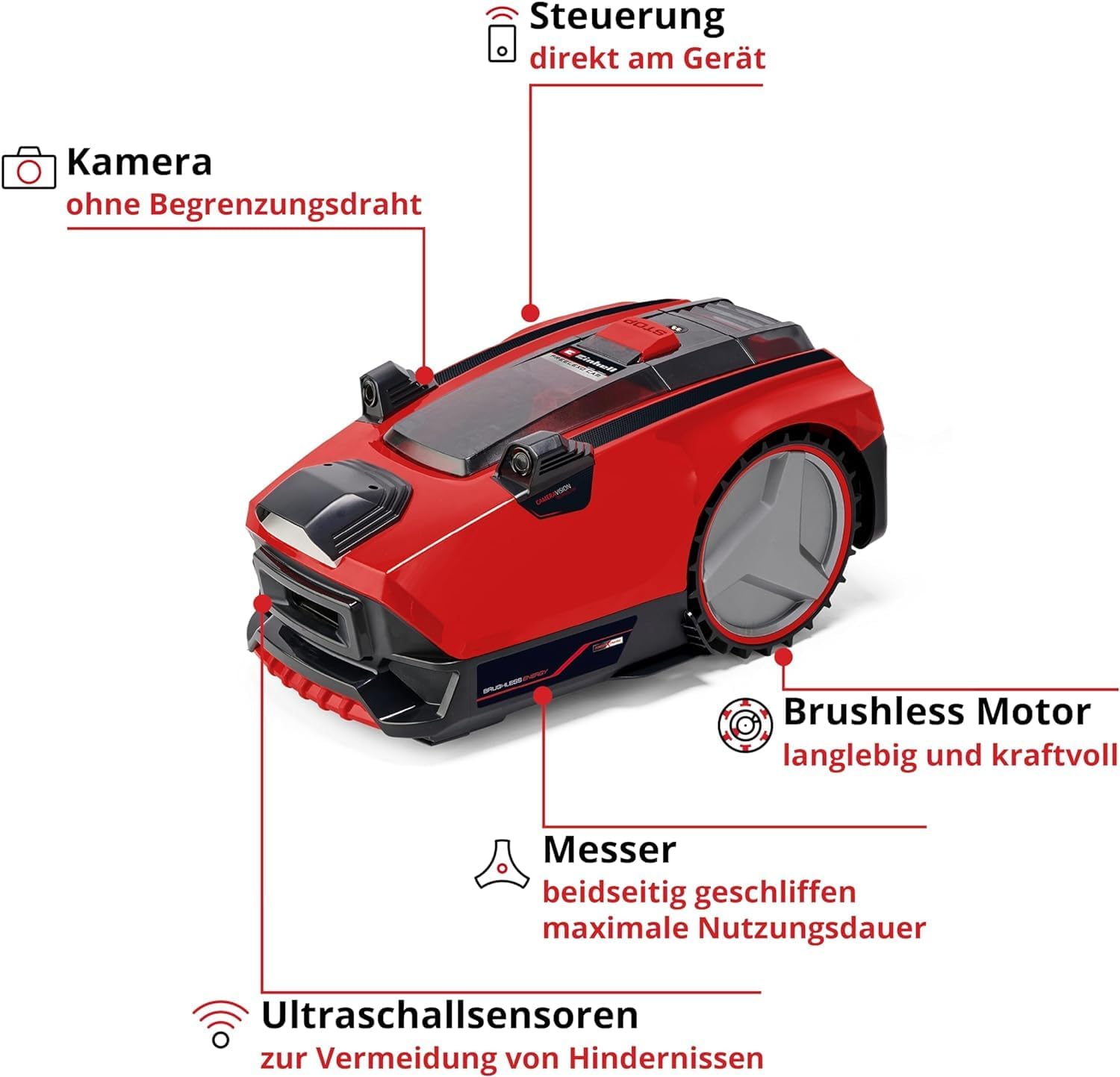Einhell Mhroboter FREELEXO CAM 500 Power X-Change (18V, Kamera ersetzt Begrenzungsdraht, für 500 m, Brushless, bis 25% Steigung, Schnittbreite 18 cm, inkl. 3,0 Ah Akku, 5 m Magnetband)