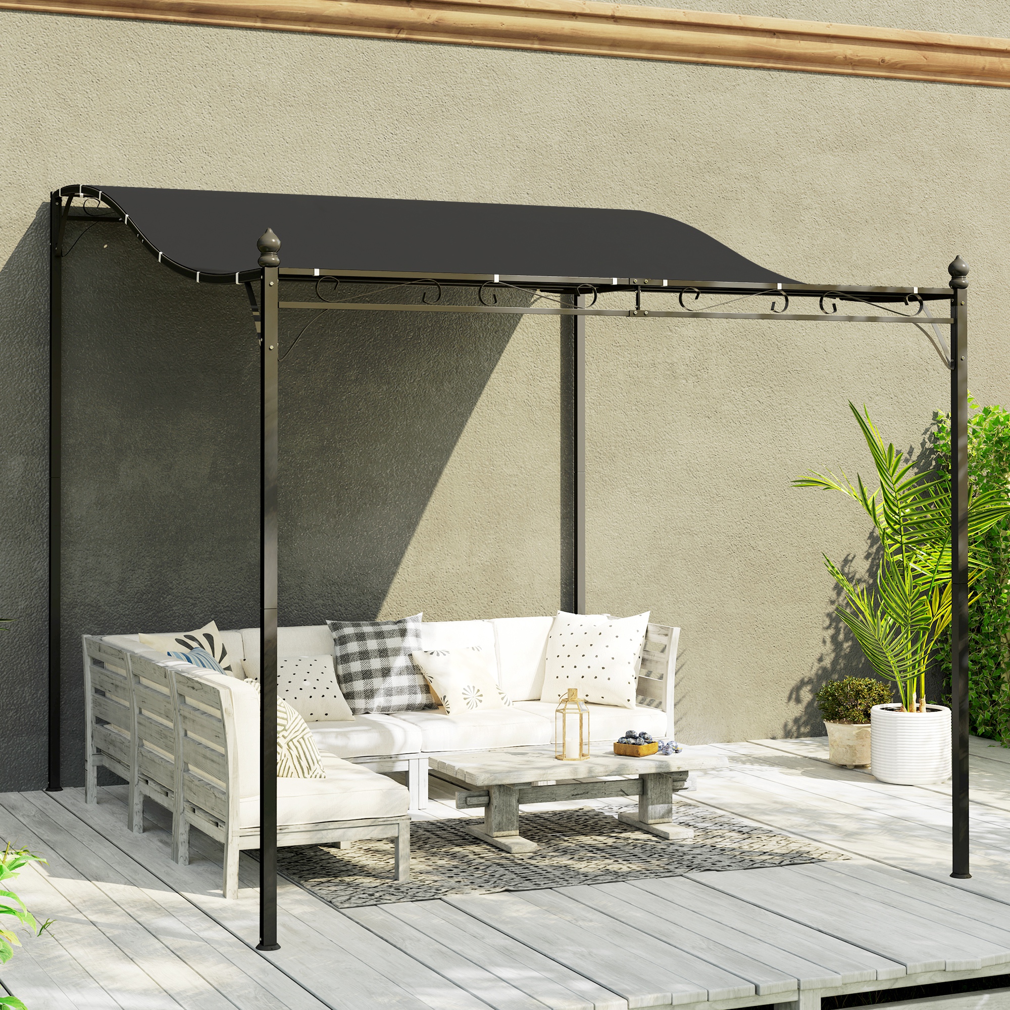 2,5 x 3 m Pergola, Wandgemonteerde Tuin Luifel, Waterbestendig, Metalen Frame, Afvoergaten, Schaduwdak, Donkergrijs