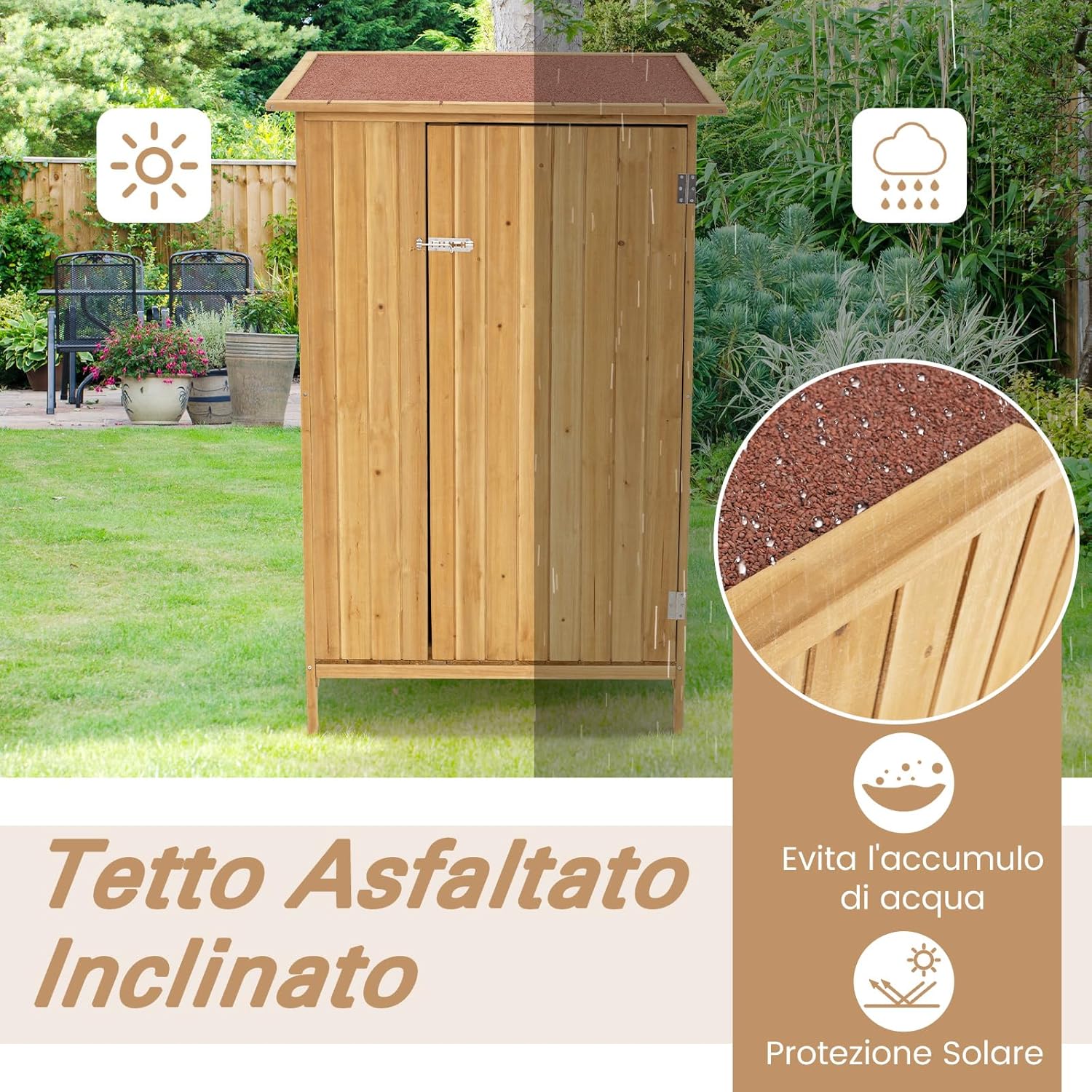 COSTWAY Armadio da Esterno, Casetta Porta Attrezzi da Giardino in Legno di Abete con Tetto in Asfalto, 3 Ripiani, Porta con Serratura e 5 Ganci, Ripostiglio per Balcone e Cortile, 91 × 66 × 150 cm