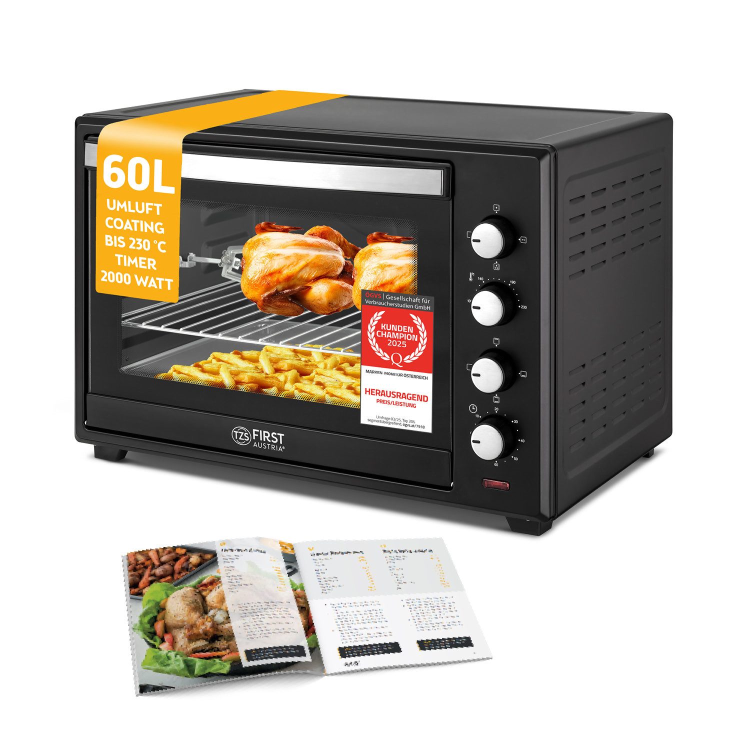 Minibackofen 60L, 2000W, Premium-X Coating, Pizzaofen mit Innenbeleuchtung