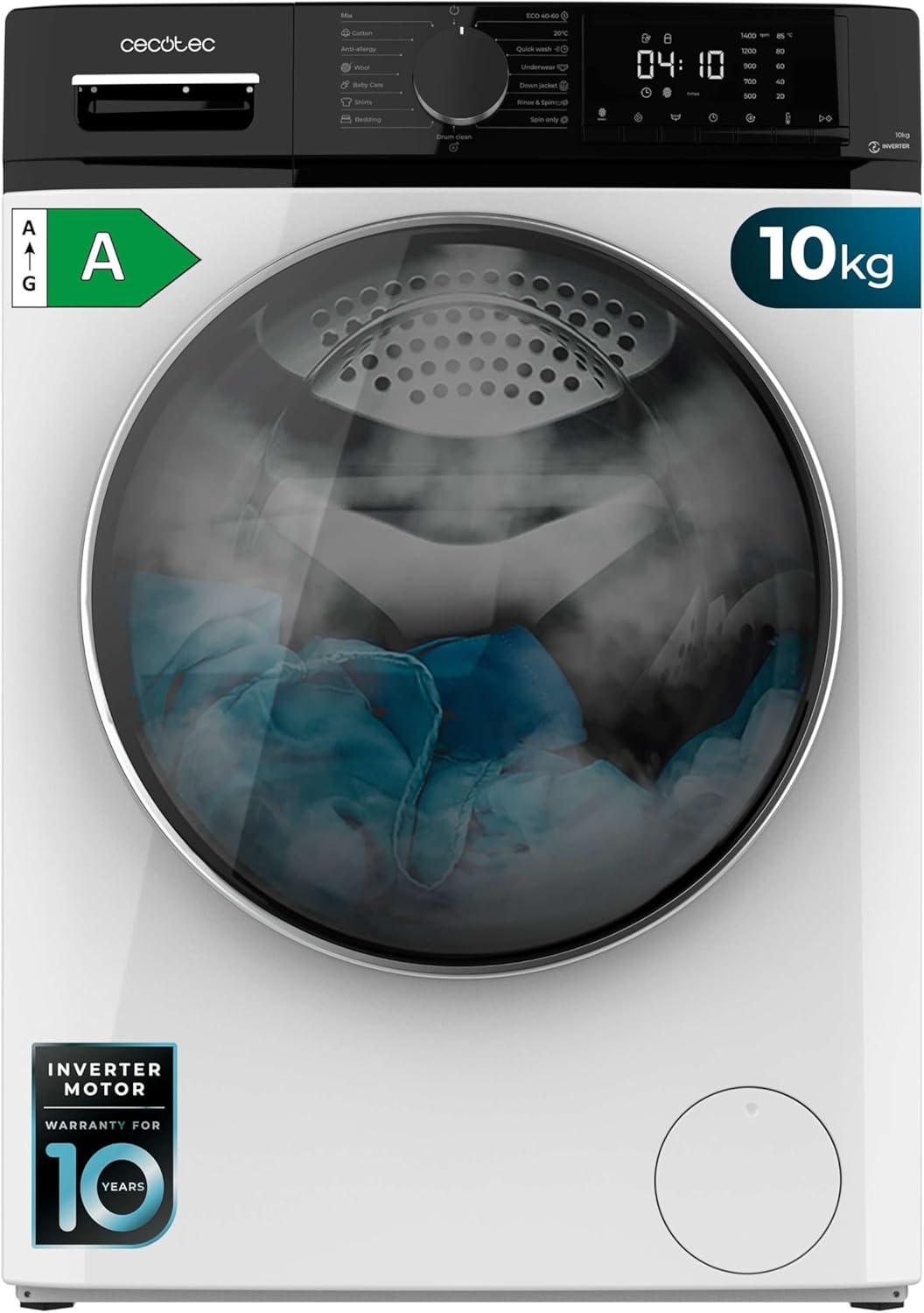 Cecotec Lavatrice a Carica Frontale 10 Kg Bolero Dresscode 10610 Inverter Steel A. 2000W, 1400 RPM, Classe A, Steam Max, Motore Inverter Plus, 15 Programmi, Onsmart, Fuzzy Logic, Smooth Wash, Stop&Go