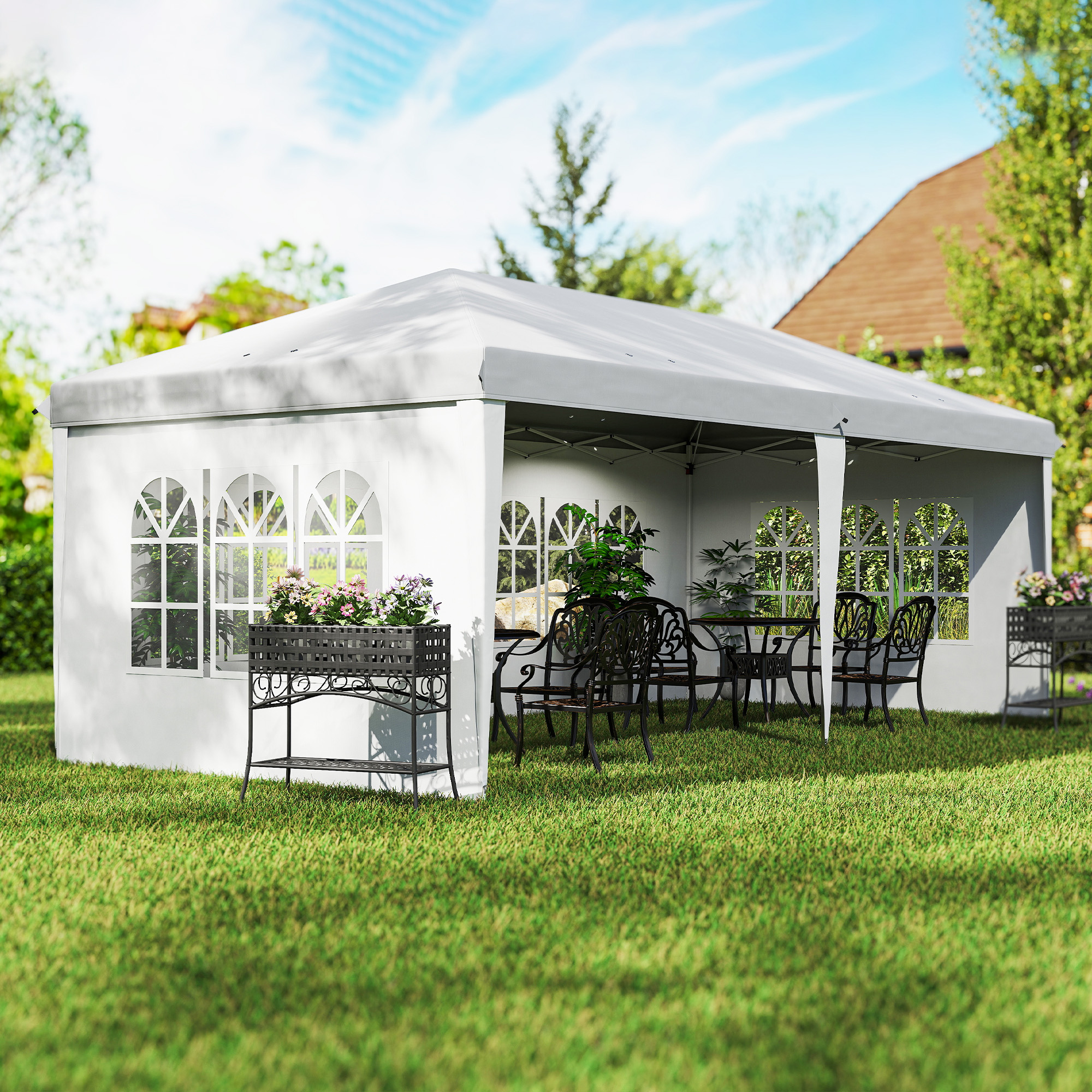 Outsunny Faltpavillon, Partyzelt, 4 große Fenster, abnehmbare Seitenwände, Metallrahmen, 5,85 x 2,95 x 2,7 m, Weiß