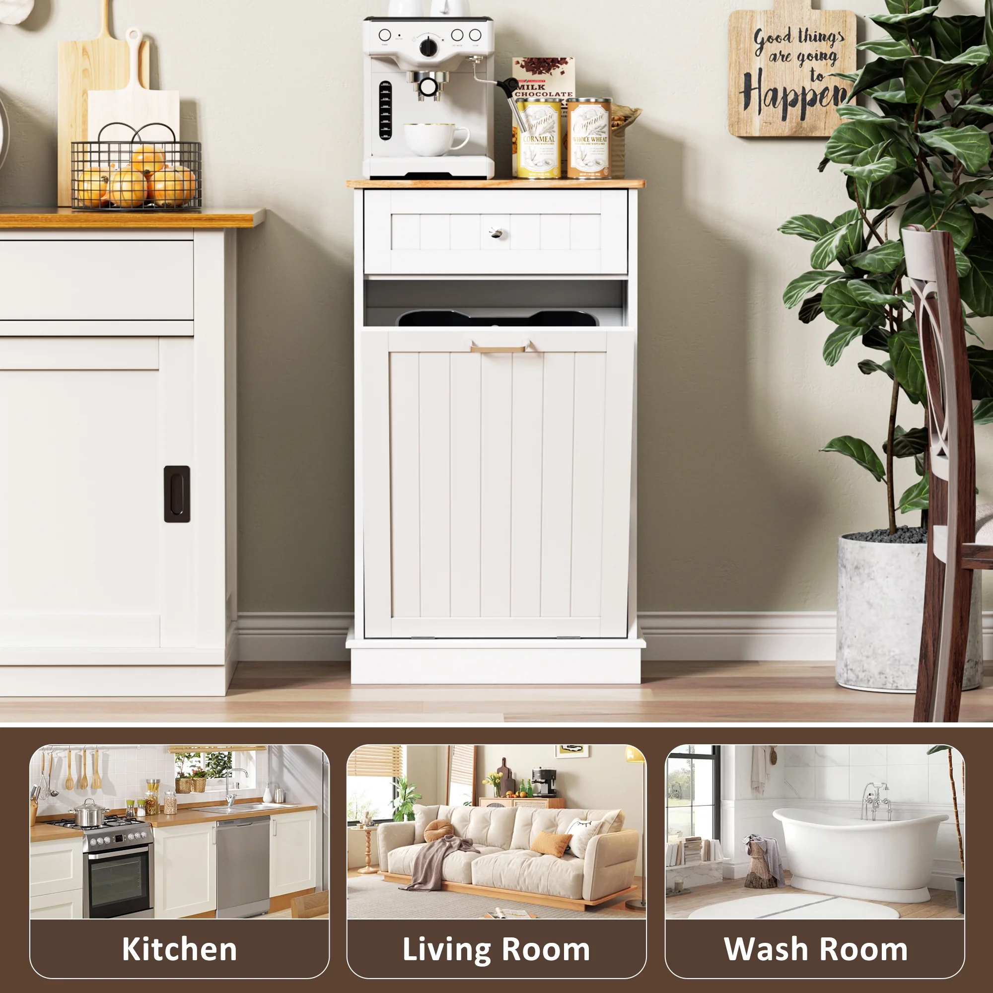 HARIPUL Single Tilt Out Trash Cabinet for 13 Gallon Waste Bin, Free Standing Kitchen Trash Can Cabinet with Drawers, White