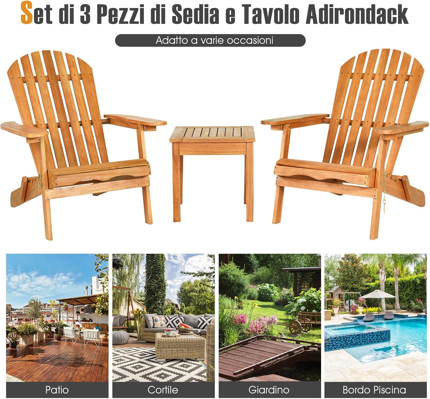 COSTWAY Adirondack 3 Piece Wooden Chairs and Side Table Set Folding Deck Chairs and Side Table with Slatted Design, Wooden Outdoor Furniture for Garden, Patio, Natural