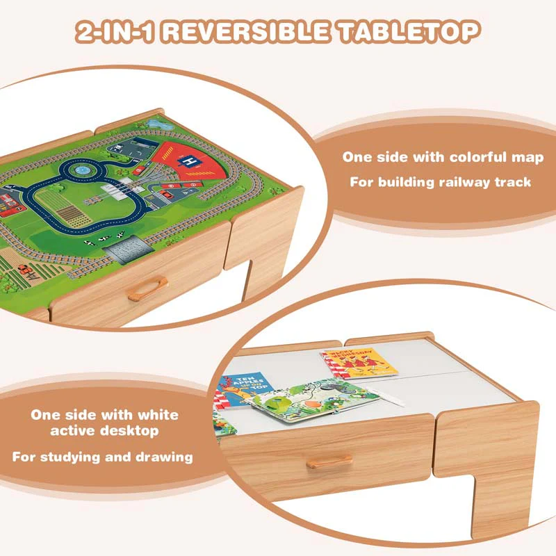 2-in-1 Wooden Toddler Train Table Kids Activity Table Set with Storage, 100 Multicolor Pieces, Tracks, Trains, Cars, Reversible Tabletop