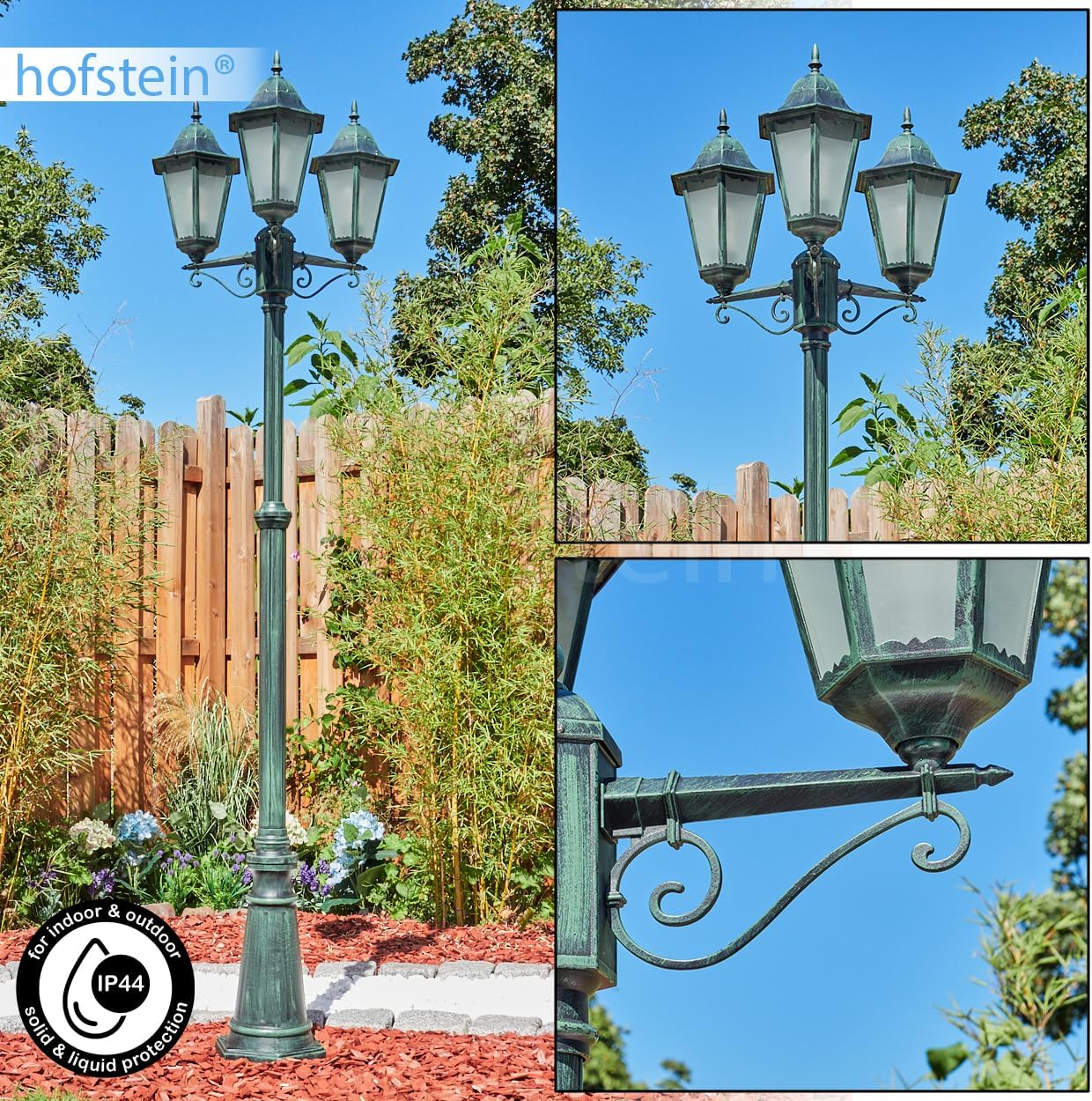 HOFSTEIN Kandelaber Hongkong, Außenwegeleuchte aus Metall/Milchglas in Schwarz-Grün, Wechselscheiben Klar, Wegeleuchte im Landhaus/Antik/Retro/Vintage-Design für Garten, Hof, max. 245cm, 3 x E27, IP44