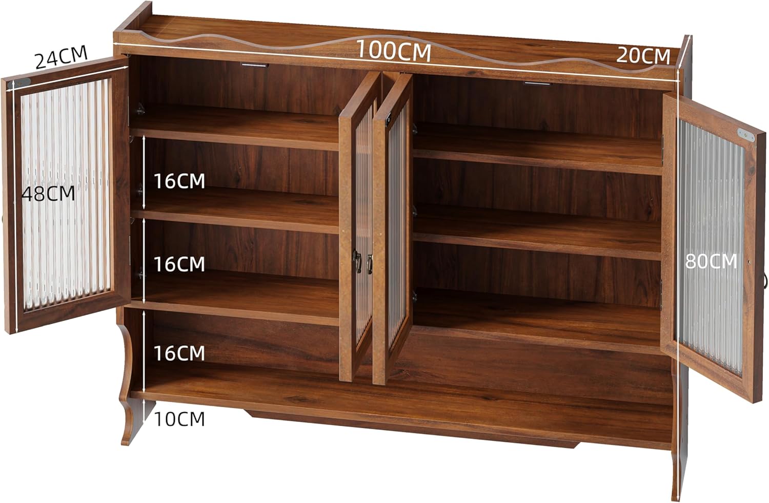 Vetrina sospesa da 100 cm, pensile da cucina, shabby chic, con 4 ante, due ripiani e listello aperto, adatto per bagni, cucine e sala da pranzo (marrone)