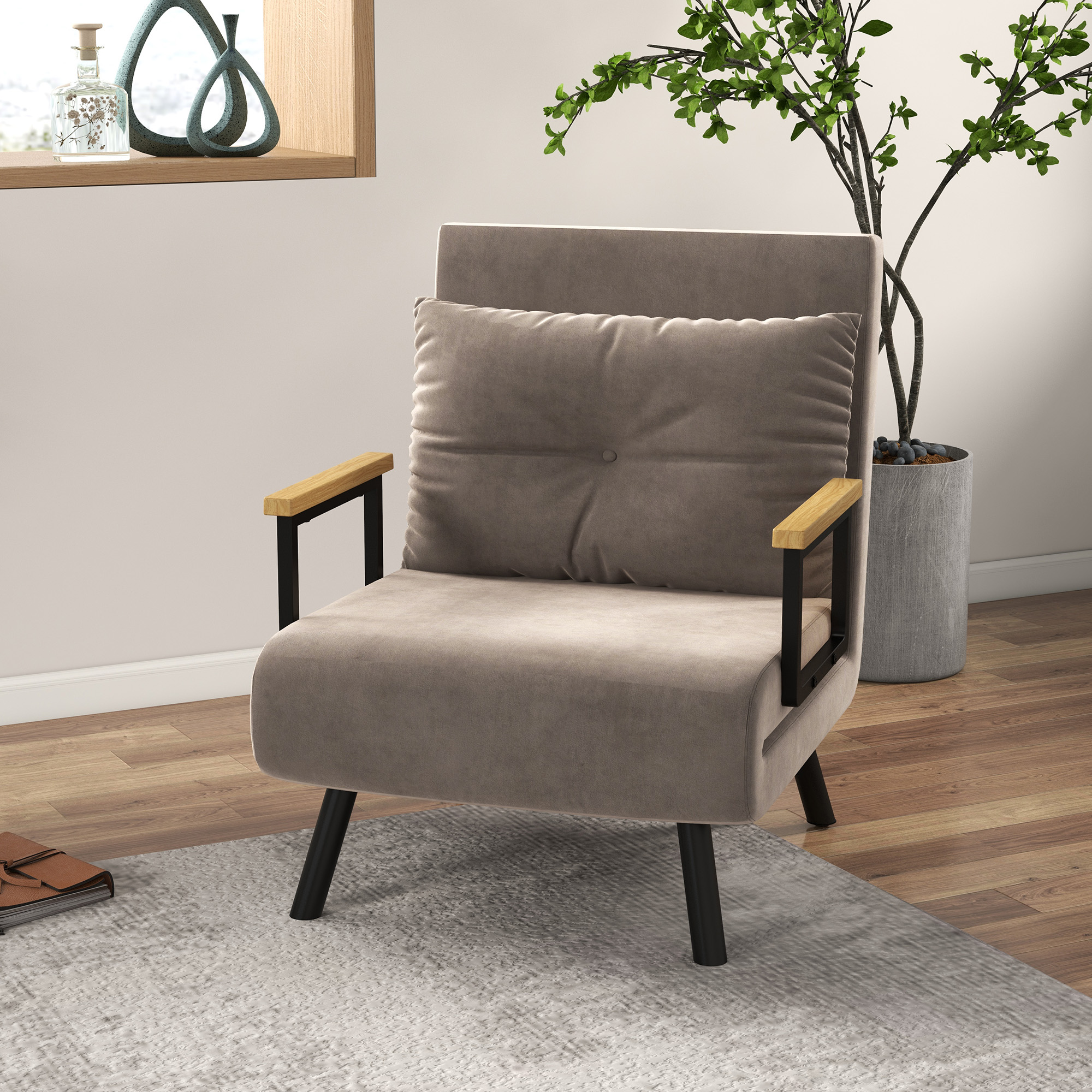 HOMCOM Schlafsessel, Gästebett, verstellbare Rückenlehne, bis 120 kg, Stahllrahmen, 63x73x81cm, Hellbraun