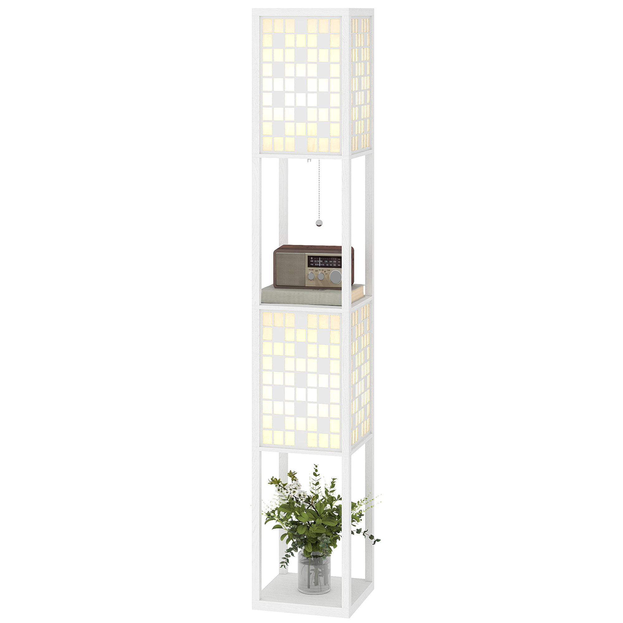 HOMCOM Stehlampe, Gittermuster, 2-Ebenen-Regale, für verschiedene Glühbirnen, Weiß