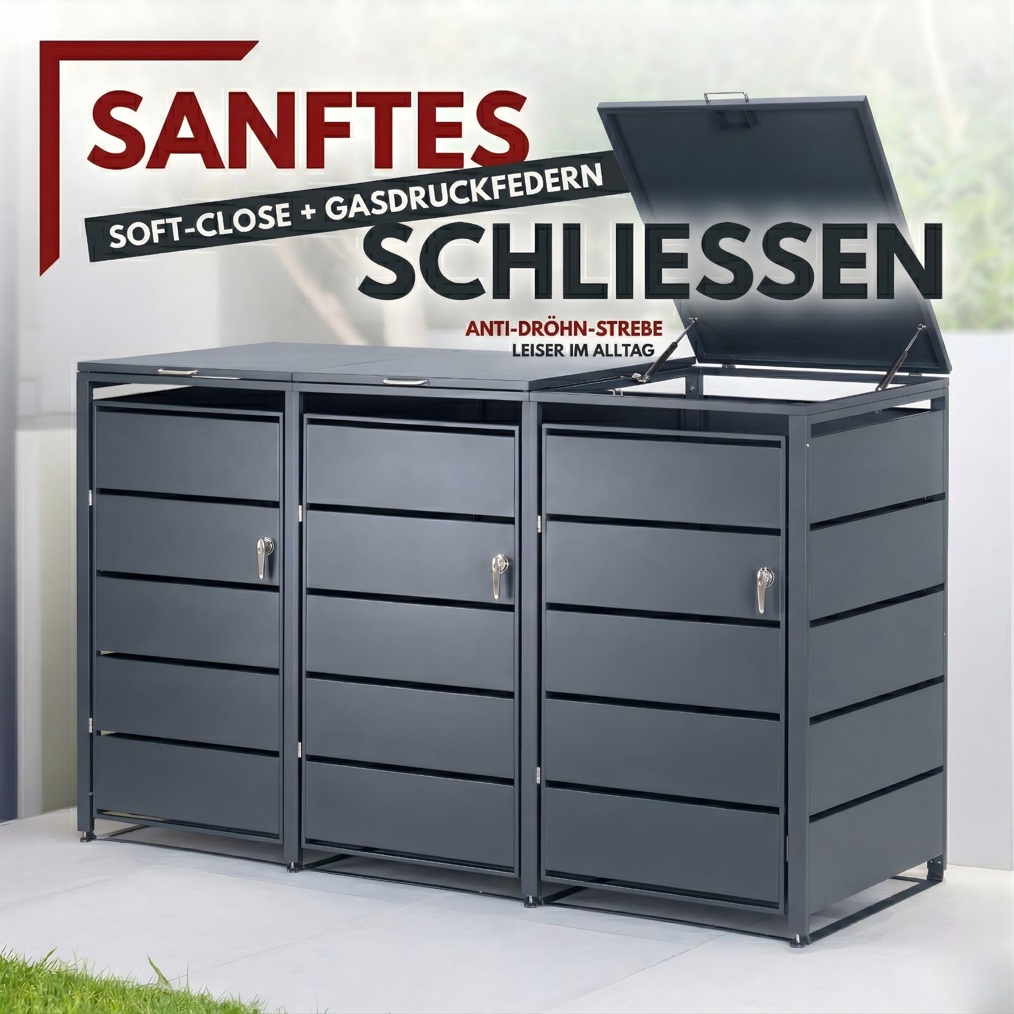 Mülltonnenbox 3er aus Metall für 120 bis 240 L Mülltonnen mit abschließbaren Türen 116 x 196 x 80 cm