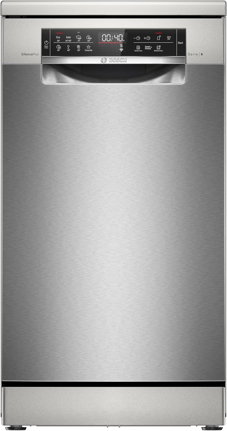 Bosch SPS6EMI21E Serie 6, Lavastoviglie Smart da libera installazione, 10 coperti, Cestelli personalizzabili, Motore EcoSilence Drive, Acciaio spazzolato anti-impronta, 45 cm.