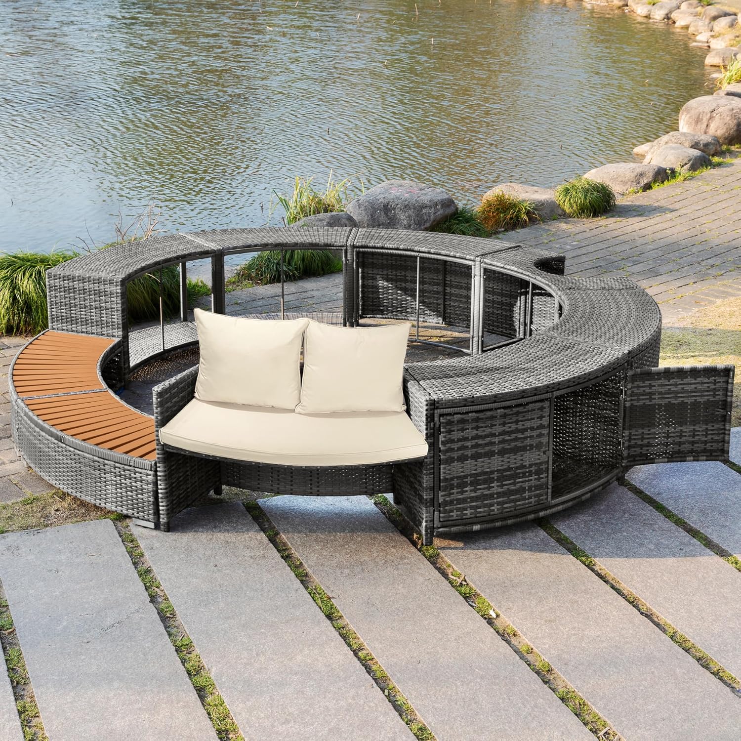 Soweiz Poolumrandung, Spa-Pool, Gartenmöbel-Set, PE-graues Rattan und Akazienholz, mit Stauraum, Lounge-Set, mit verstellbaren Füßen, inklusive Kissen, für Whirlpool und Pool