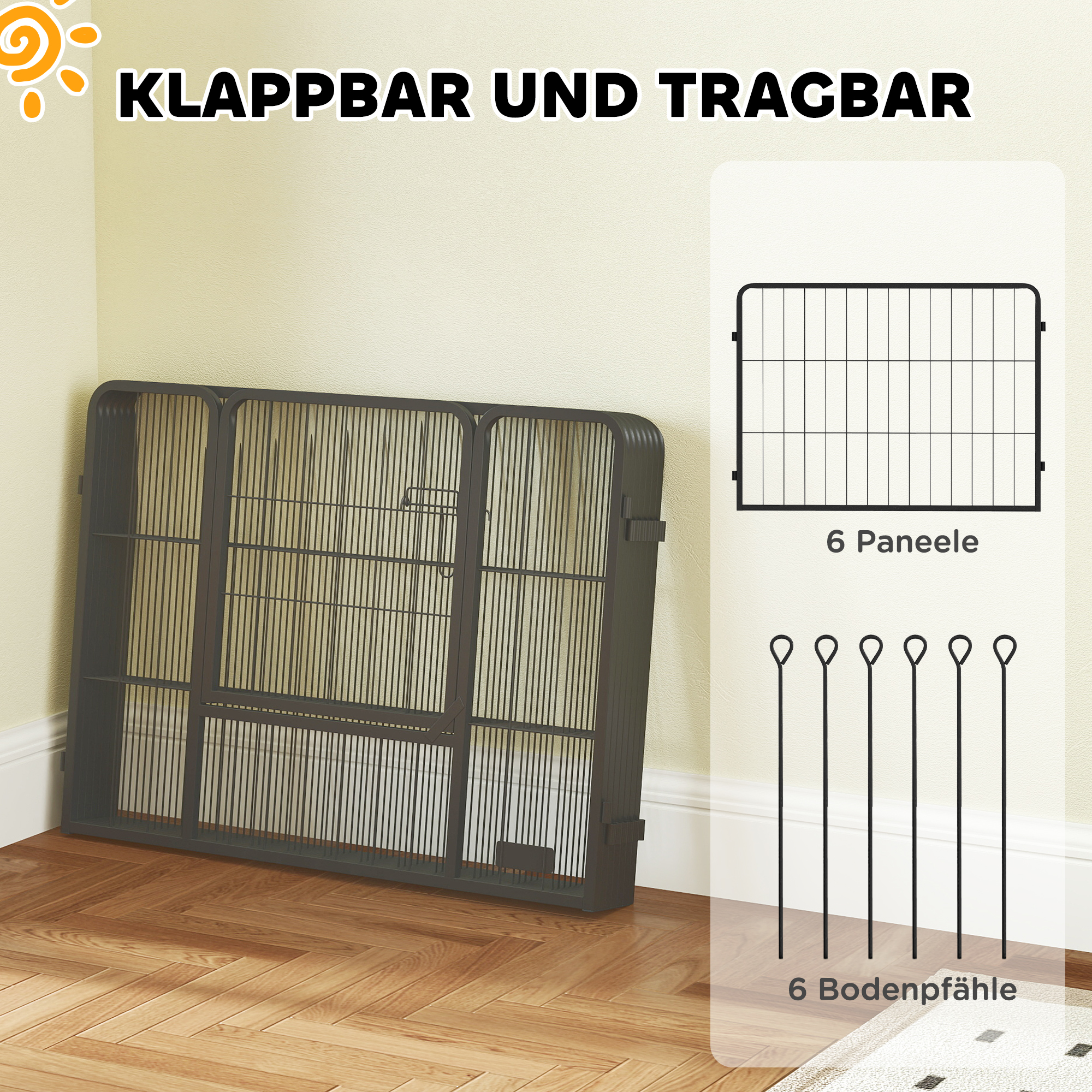 PawHut Hondenhek, Huisdierenren, 6 Panelen, Staal, Opvouwbaar, Zwart