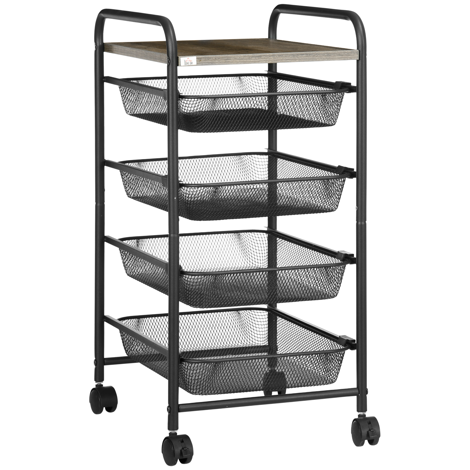 HOMCOM Rollwagen mit 4 Körben, Küchenwagen, 4 Räder mit 2 Bremsen, Allzweckwagen, Schwarz, 41,5 x 31 x 66 cm