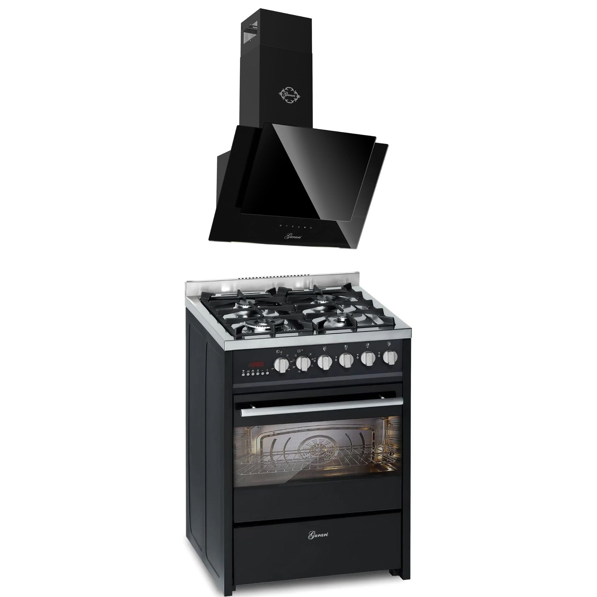 Gas-Standherd 60 cm Schwarze Gasherd mit Elektrobackofen 60 L Range Coocker+Dunstabzugshaube 60 cm, Wandhaube, Schwarz Glas GCH E 610 BL+CH 6065 E