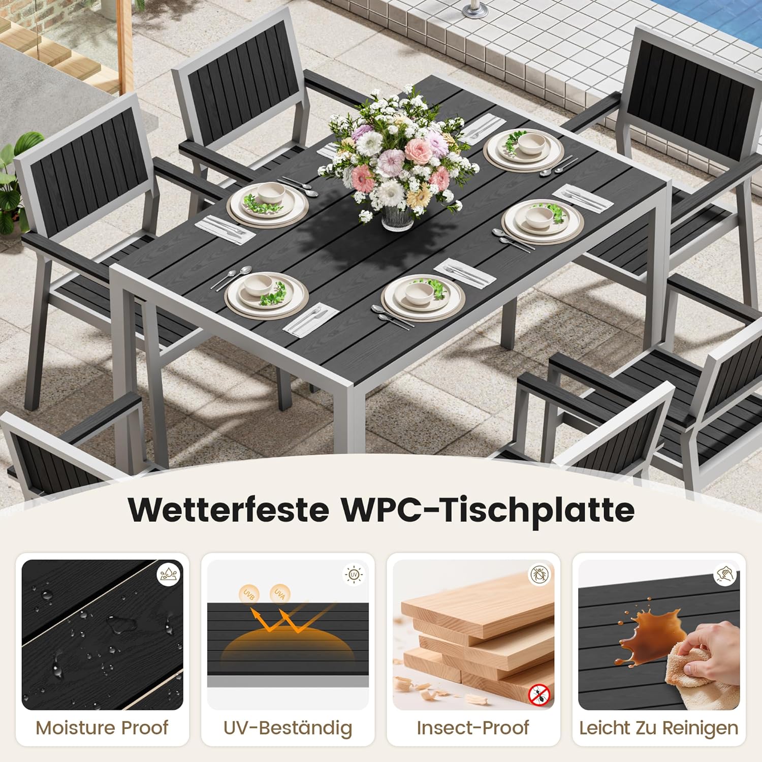 Amopatio Gartentisch Wetterfest 110×70 cm, WPC Balkontisch Aluminium, Rechteckiger Terrassentisch UV-beständig Gartenmöbel für Garten & Outdoor, Moderner Esstisch Grau-Schwarz
