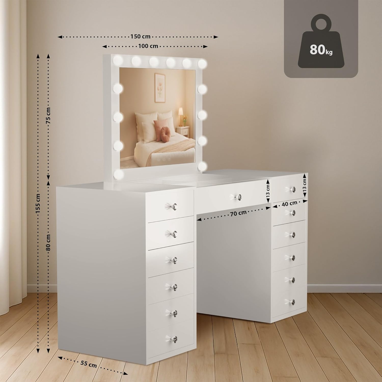 CLP Atalla Makeup Table with Lighting and Mirror, 100 x 80 cm, Hollywood LED Mirror with 3 Light Shades, USB-A and USB-C Sockets, Colour: White