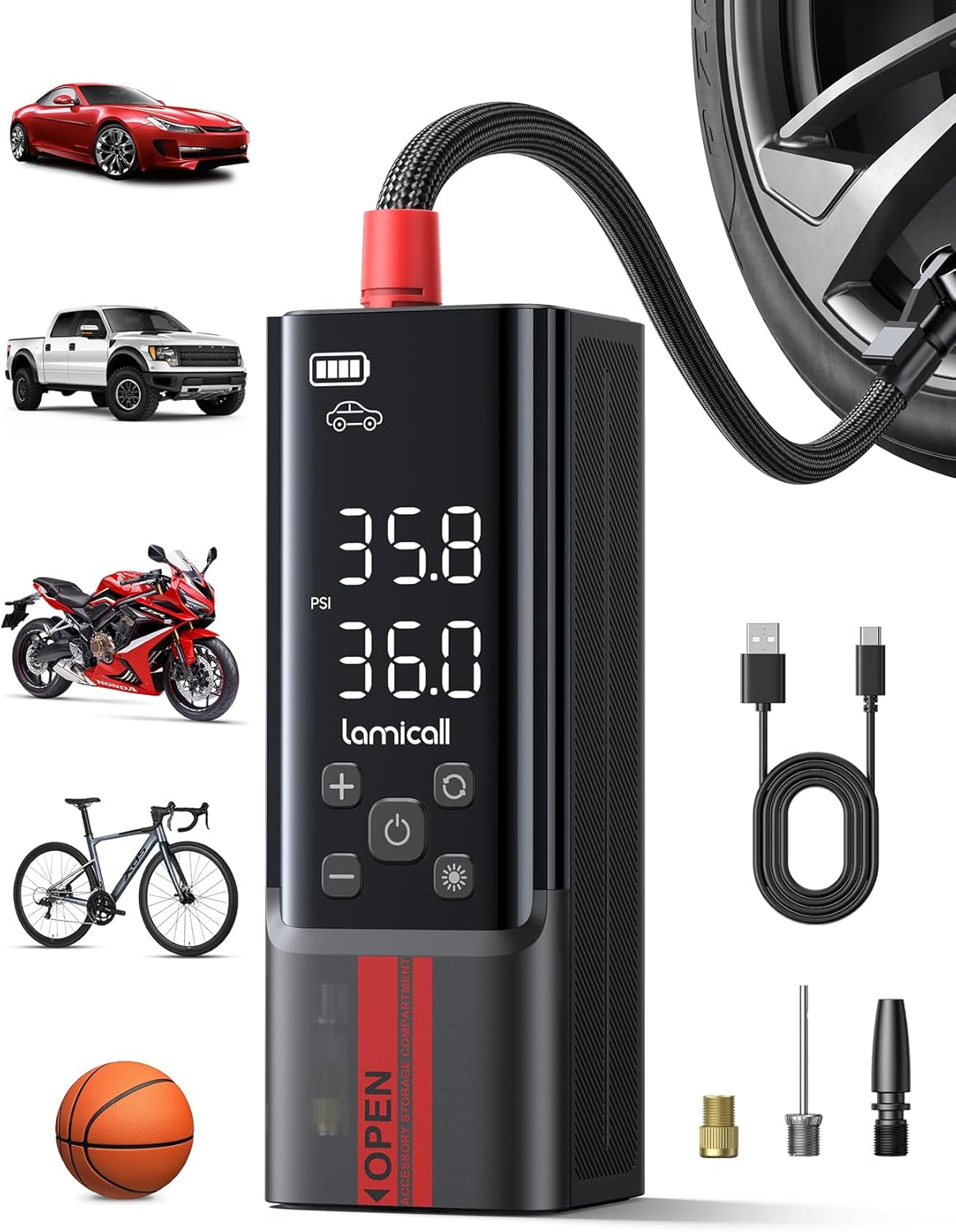 Lamicall Compressore Aria Portatile, Gonfiatore Elettrico Auto - [150 PSI Gonfiaggio Rapido] con Display LCD & Luce LED, Power Bank, Mini Pompa con 3 Ugelli per Auto/Bici/Moto/Palla
