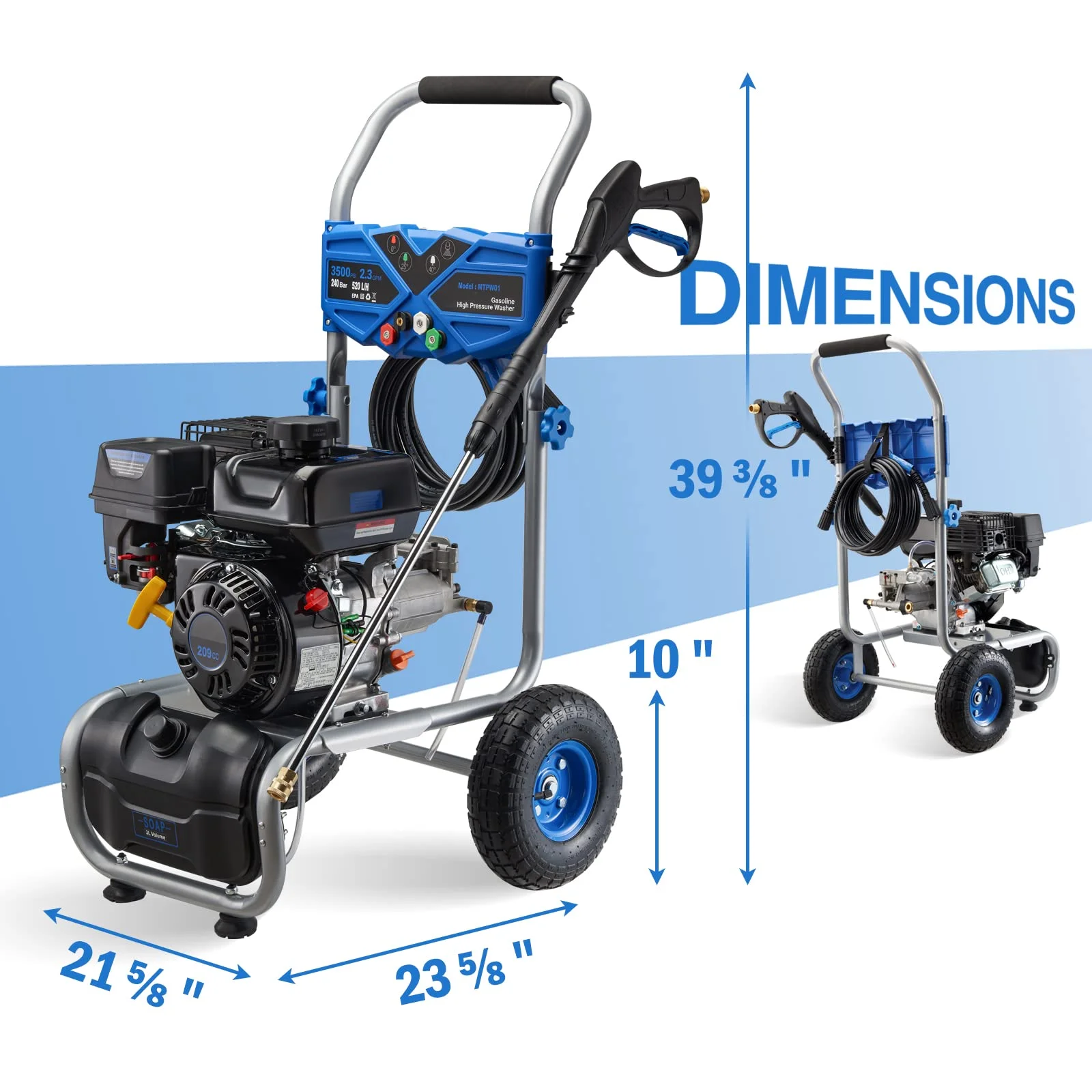 Efurden 3500PSI Gas Pressure Washer, 2.3GPM Gas Powered High Pressure Clean Machine with 209CC Engine, 4 Adjustable Nozzles for Cleaning Walls, Terraces, Vehicles, Gardens (Blue)