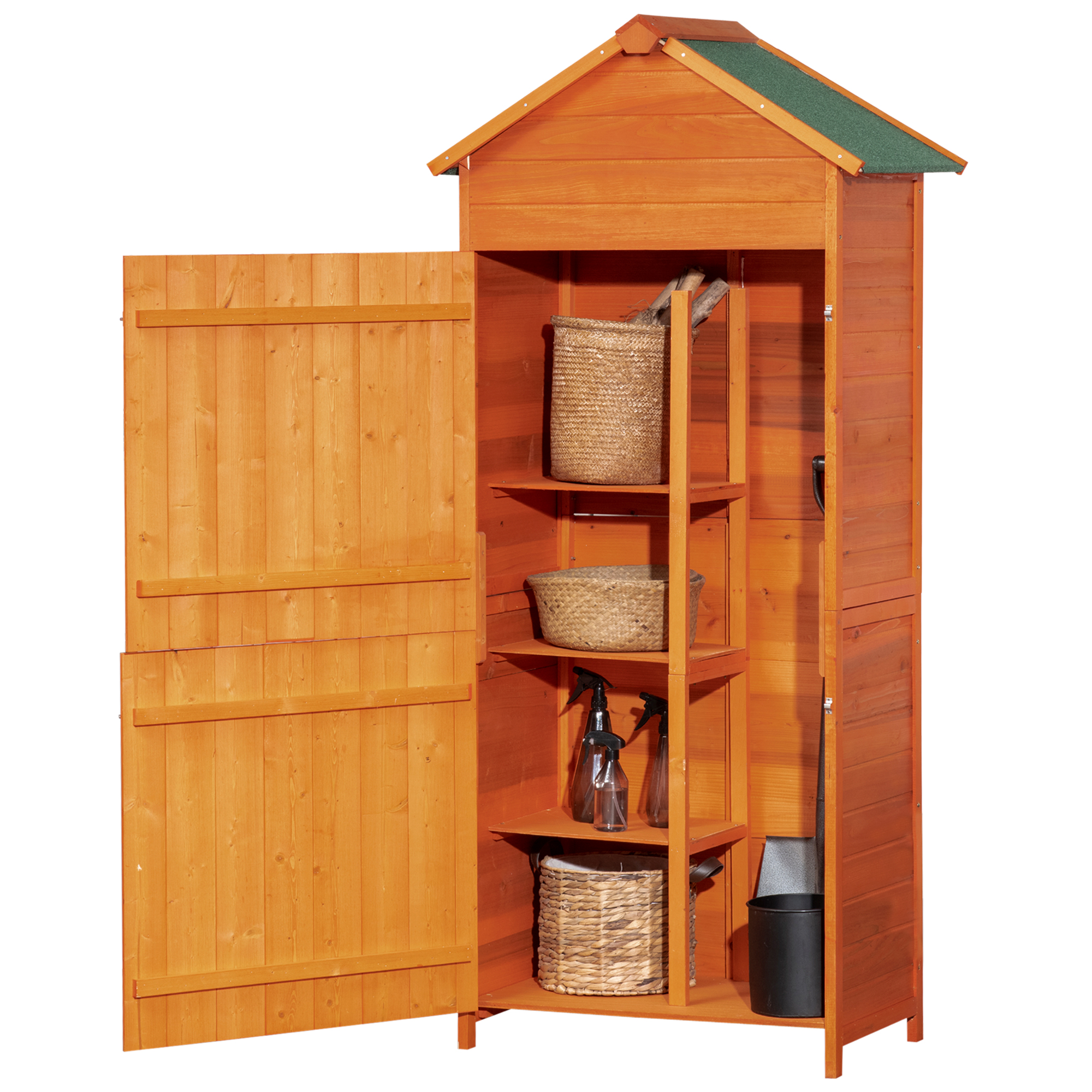 Outsunny Geräteschrank, 3 Regalböden, hohes Staufach für Schaufeln etc., Asphaltdach, Kiefernholz, 84 x 52 x 188cm