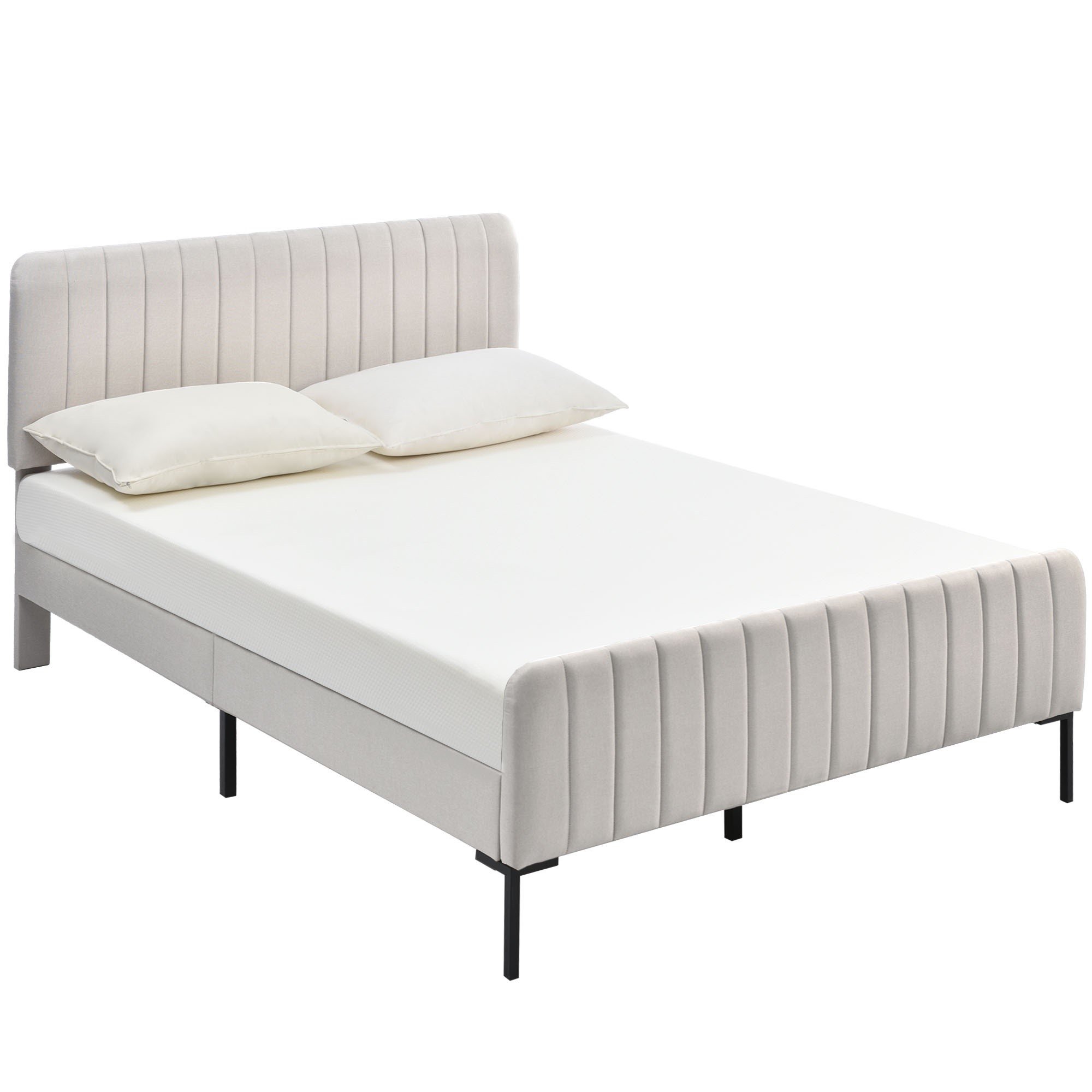 Gepolstertes Doppelbett mit Lattenrost und verstellbarem Kopfteil, Stoff, 140x200 cm, Grau+Beige