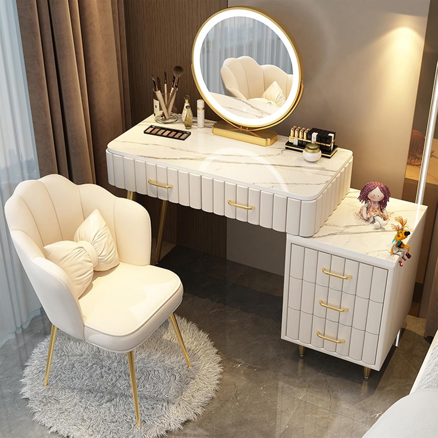 Makeup Station with LED Mirror, Adjustable 3 Colours, Brightness Adjustable, Makeup Desk with 5 Drawers, Cosmetic Chair for Girls Room, 80/100 x 40 x 76 cm