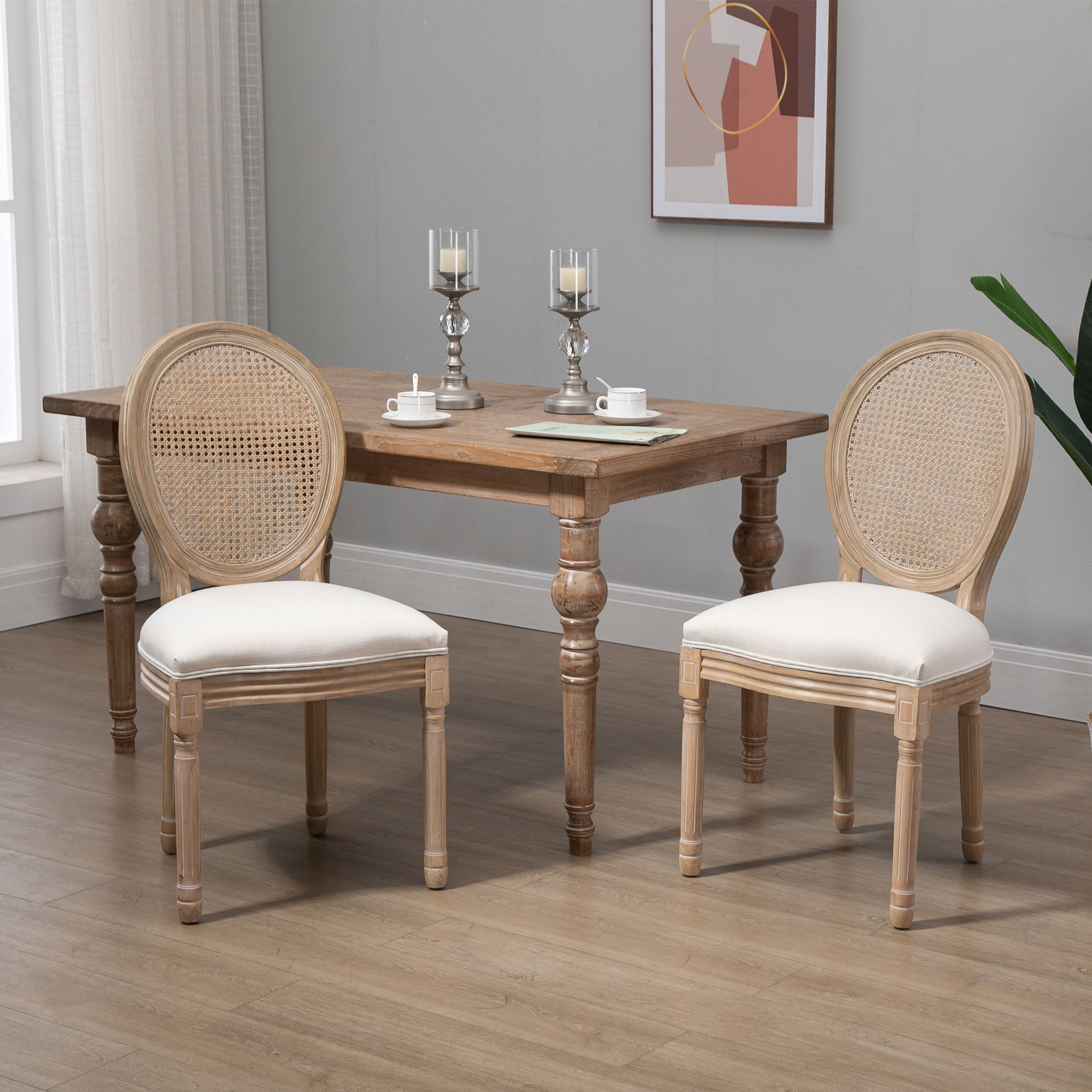 HOMCOM 2er-Set Küchenstühle Polsterstühle Wienergeflecht, Massivholz, 49 cm x 56 cm x 96 cm, Cremeweiß +Natur