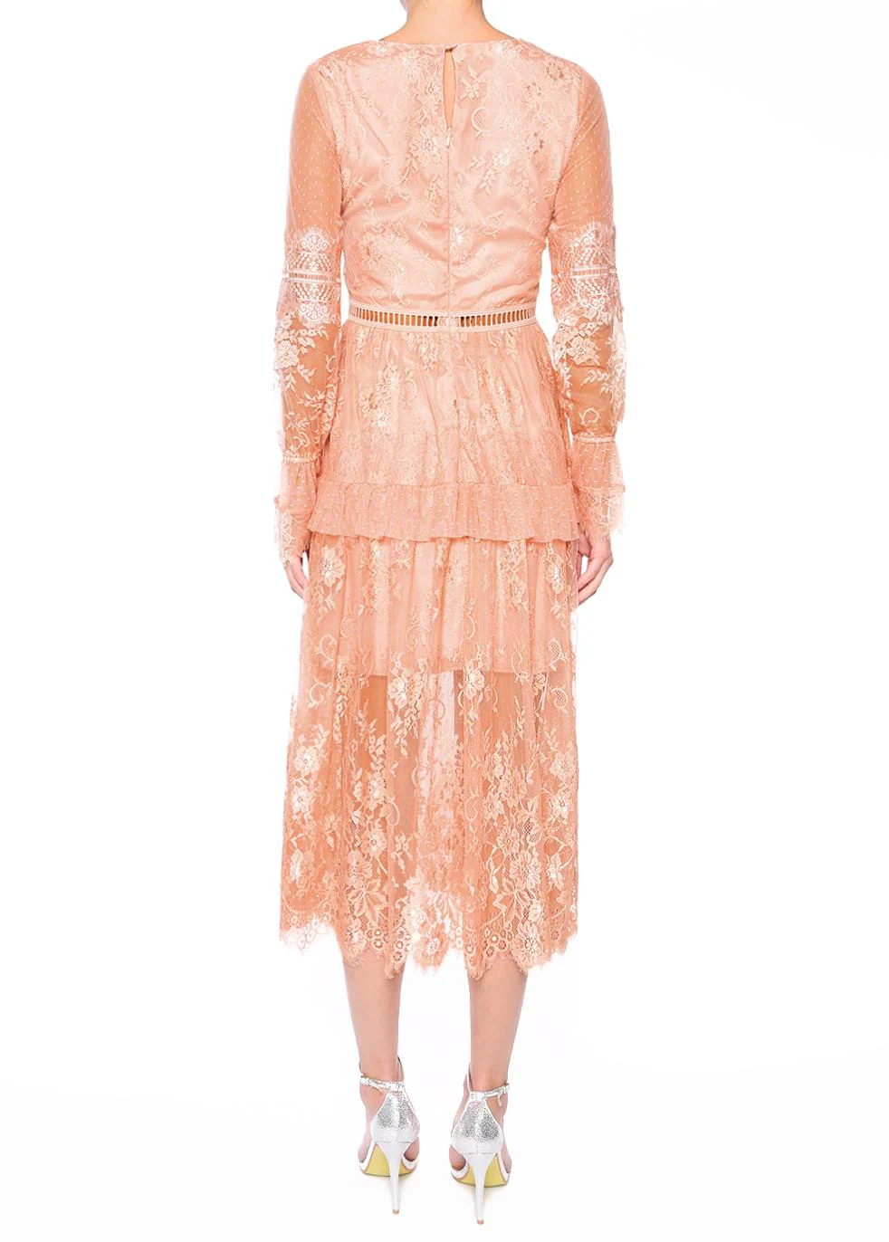 Emmie Dusty Peach V-Neck Lace Midi Dress