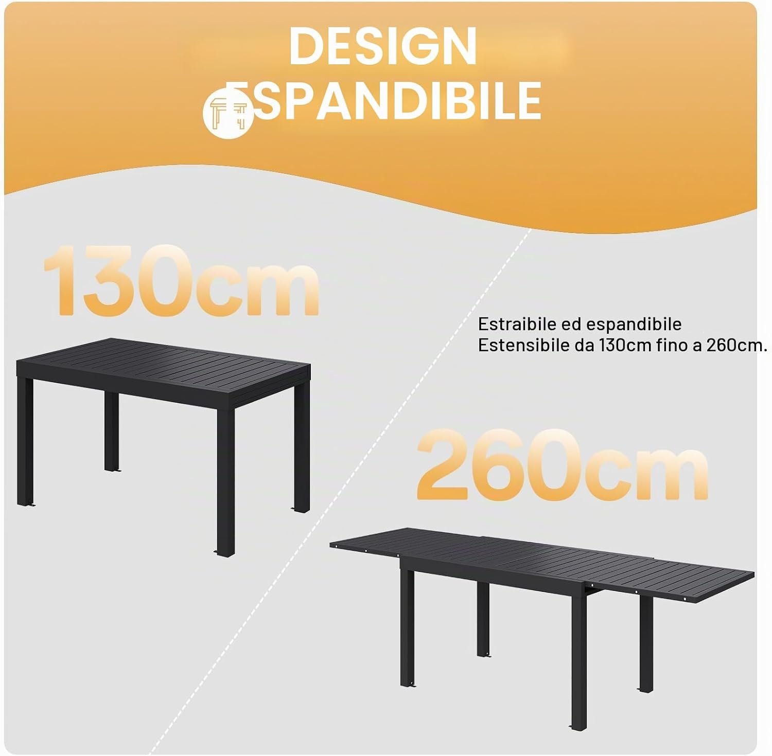 Devoko 6 Persone Set Tavolo e Sedie Da Giardino In Alluminio, 6 Sedie Impilabili e 1 130-260CM Tavolo Da Giardino Allungabile In Alluminio, Set Da Giardino Esterno, Grigio Scuro