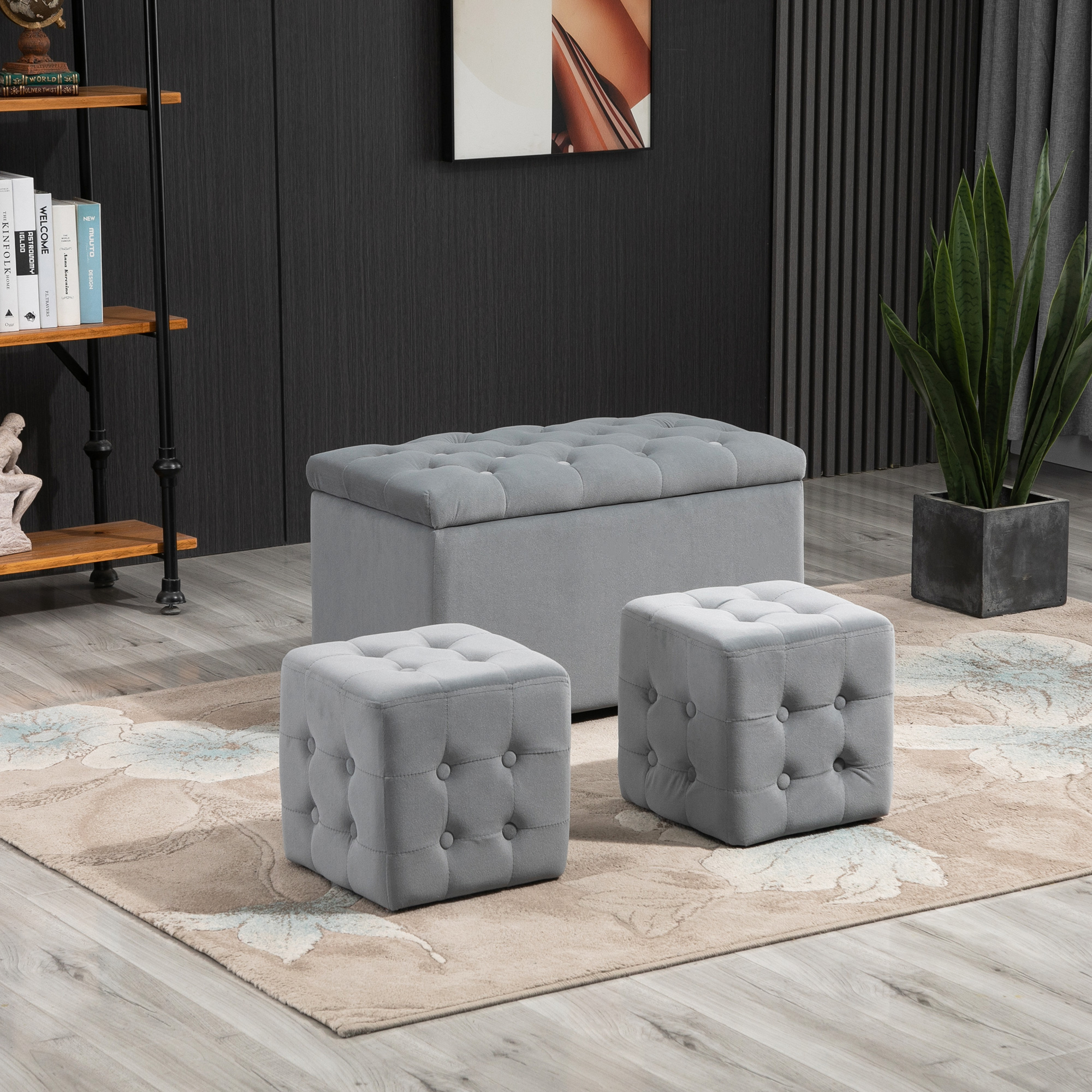 HOMCOM 3-teiliges Set mit Stauraum, 2 x Sitzhocker, Polster-Sitztruhe, Fußhocker, Aufbewahrungsbox, Fußablage, belastbar bis 130 kg, Mikrofaserstoff, Schaumstoff, 75 x 40 x 42 cm, Hellgrau