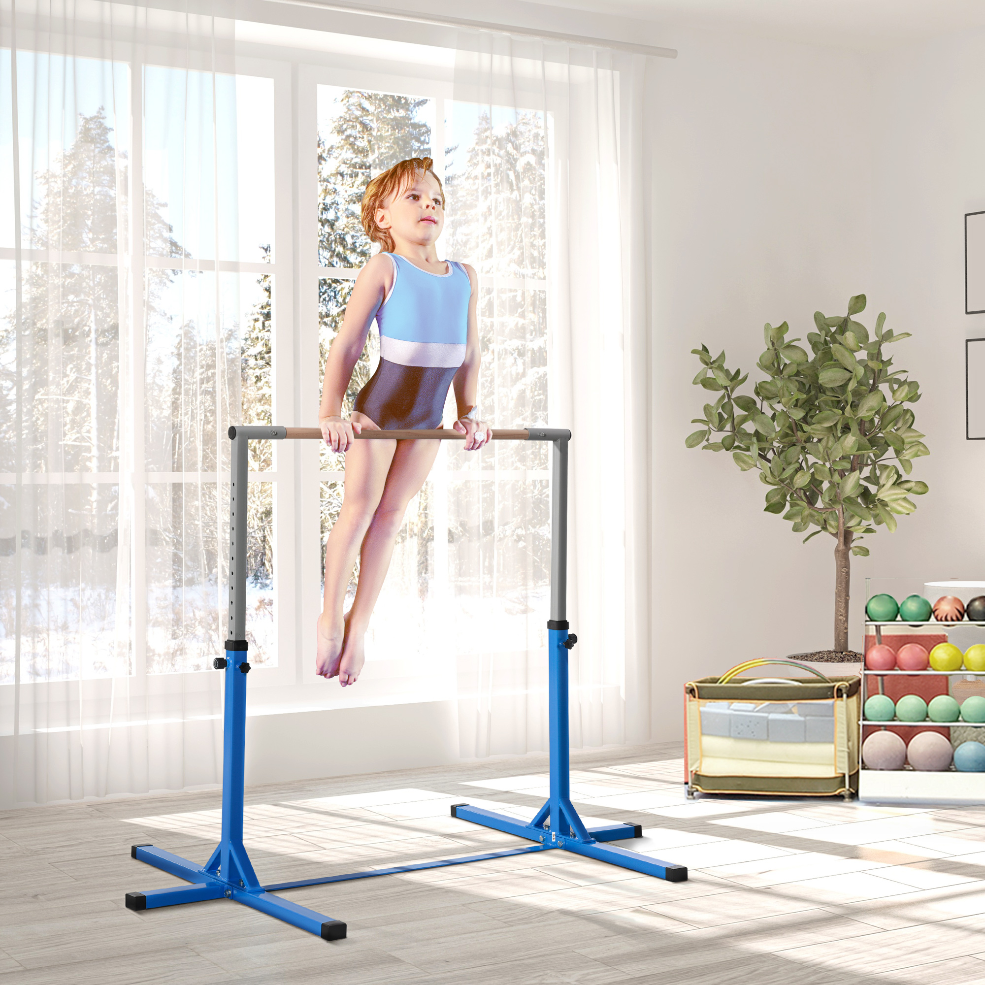 HOMCOM Gymnastik-Turnreck, 13-stufig höhenverstellbar Reckstange, Reck Turnstange aus Holz & stabile Stahlkonstruktion bis 75 kg belastbar, für 3+ Kinder, Indoor, Outdoor, Blau