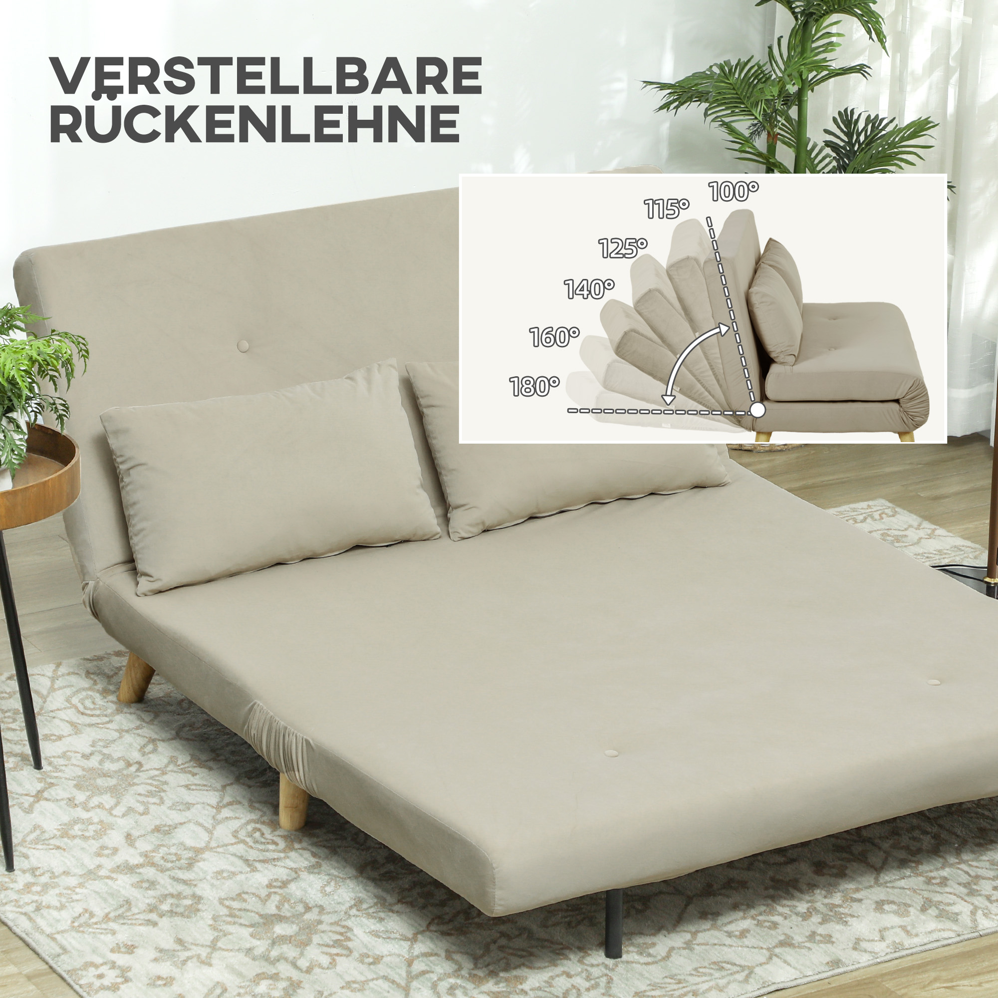 Slaapbank Relaxbank Sofa Couch, Incl. 2 Kussens, Fluweeloptiek, 130 x 78 x 79 cm, Beige