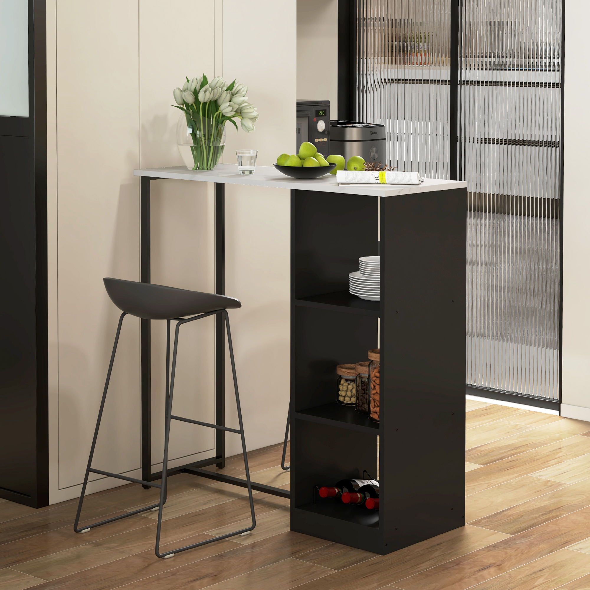 HOMCOM Barhochtisch Küchentisch Stehtisch Stahlgestell Marmoroptikplatte 105 x 40 x 105 cm weiß